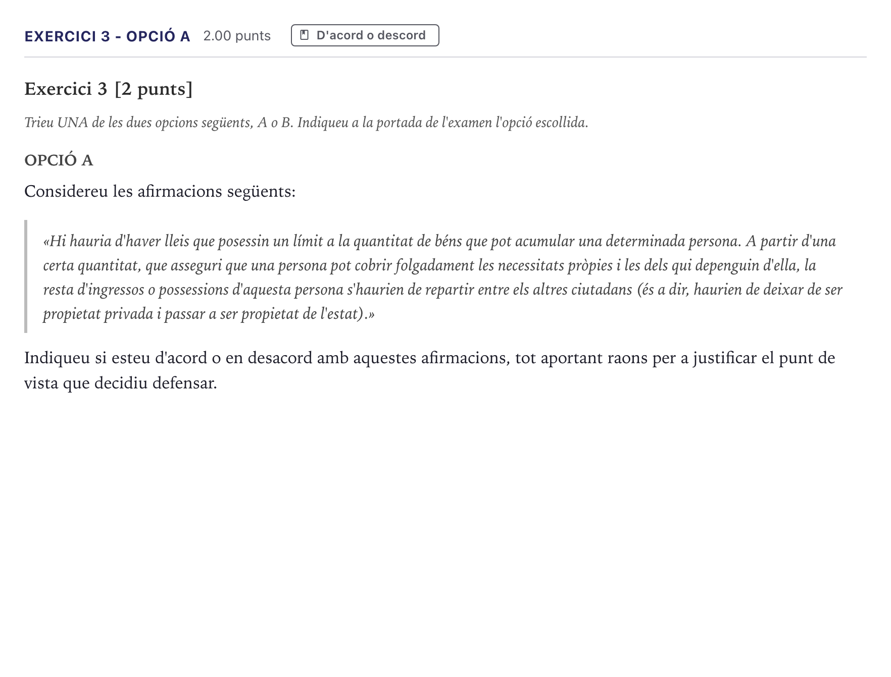 Enunciado: Exercici 3 - Opció A · Historia de la Filosofía Selectividad Cataluña Juny Serie 1 2026