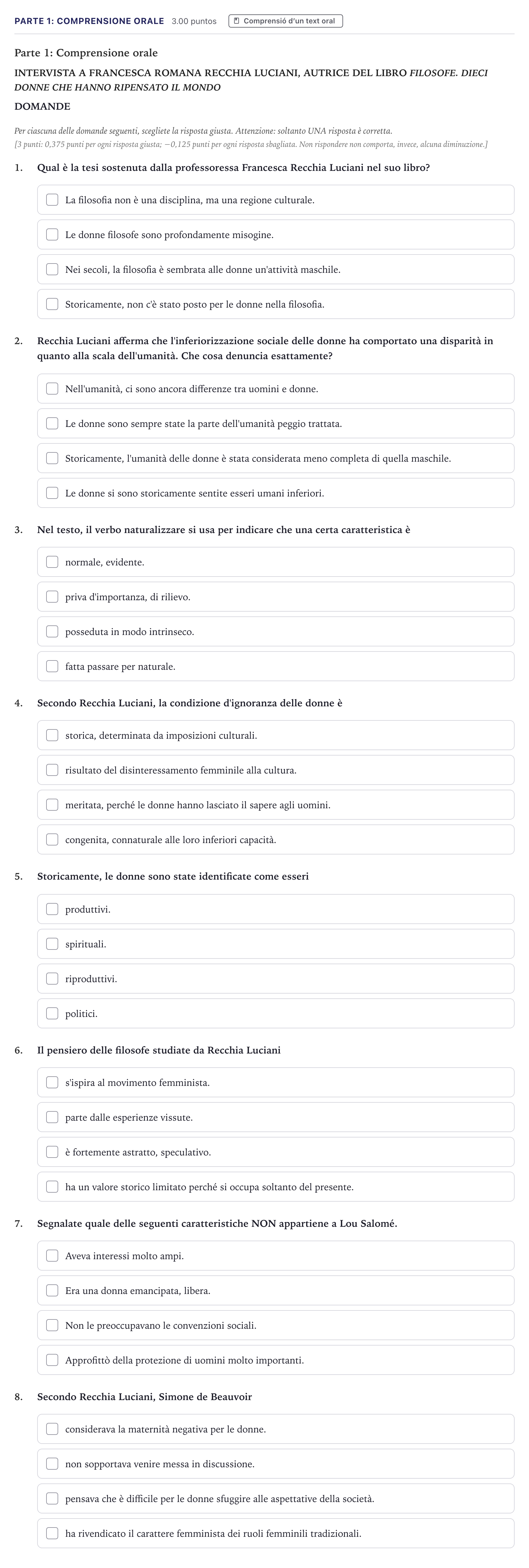 Enunciado: Ejercicio Parte 1: Comprensione orale · Italiano Selectividad Cataluña Setembre Serie 2 2026