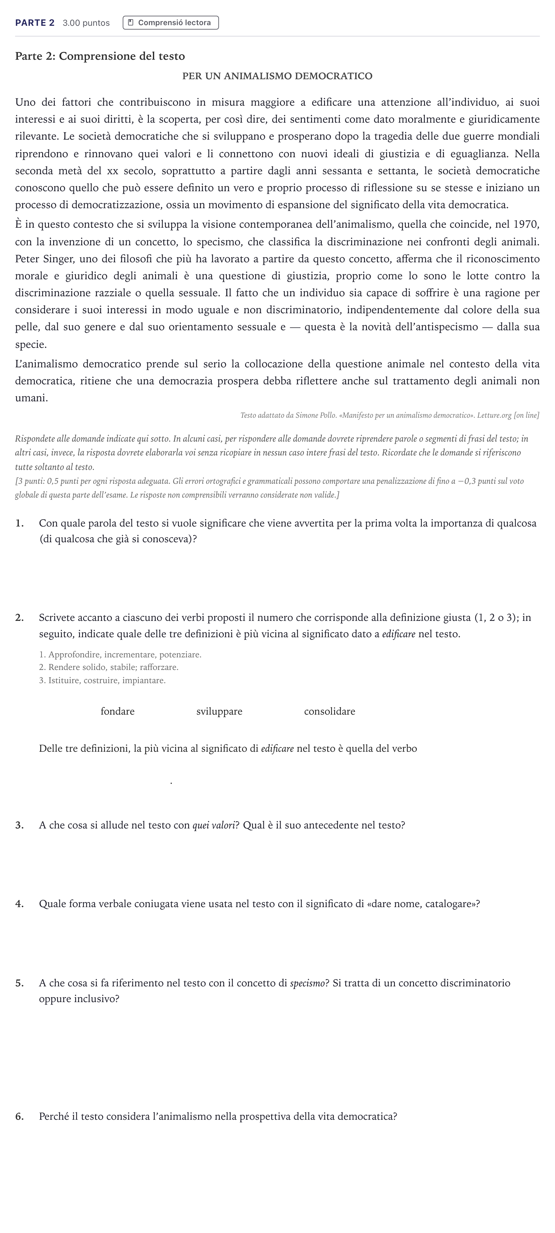 Enunciado: Ejercicio Parte 2 · Italiano Selectividad Cataluña Juny Serie 5 2026