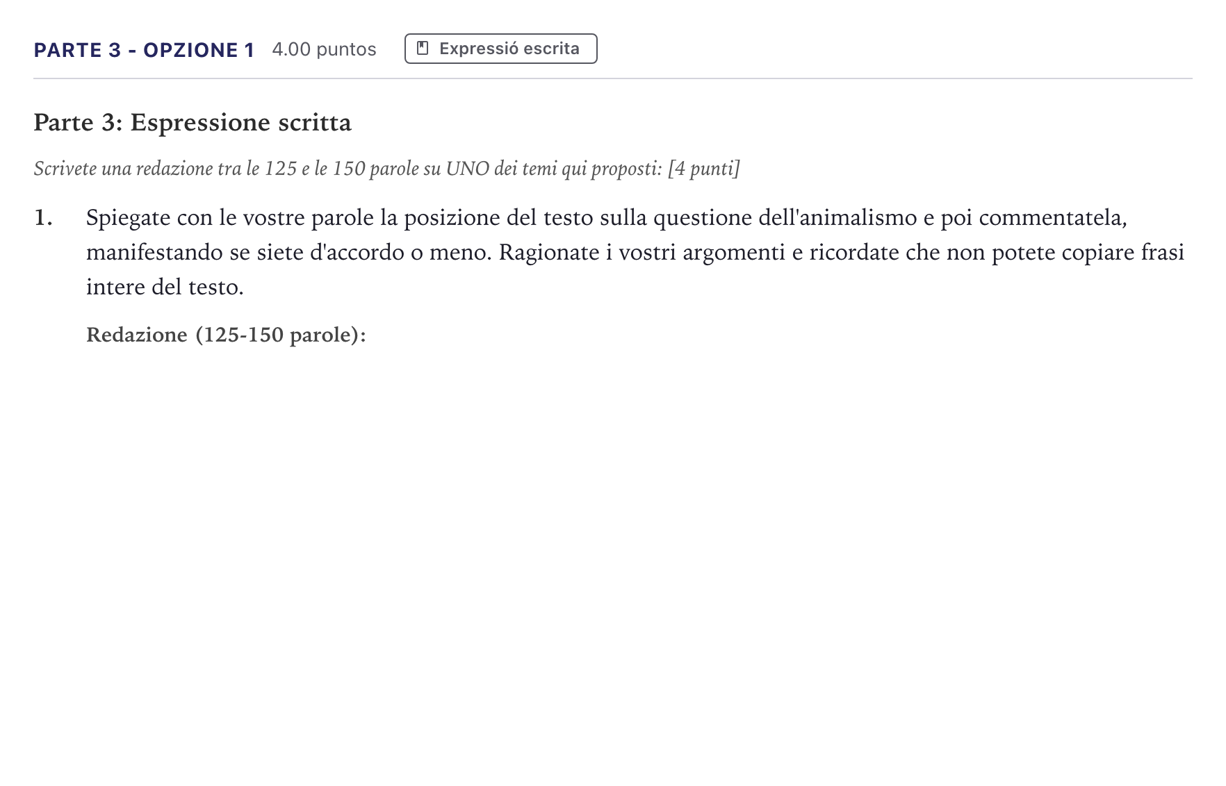 Enunciado: Ejercicio Parte 3 - Opzione 1 · Italiano Selectividad Cataluña Juny Serie 5 2026