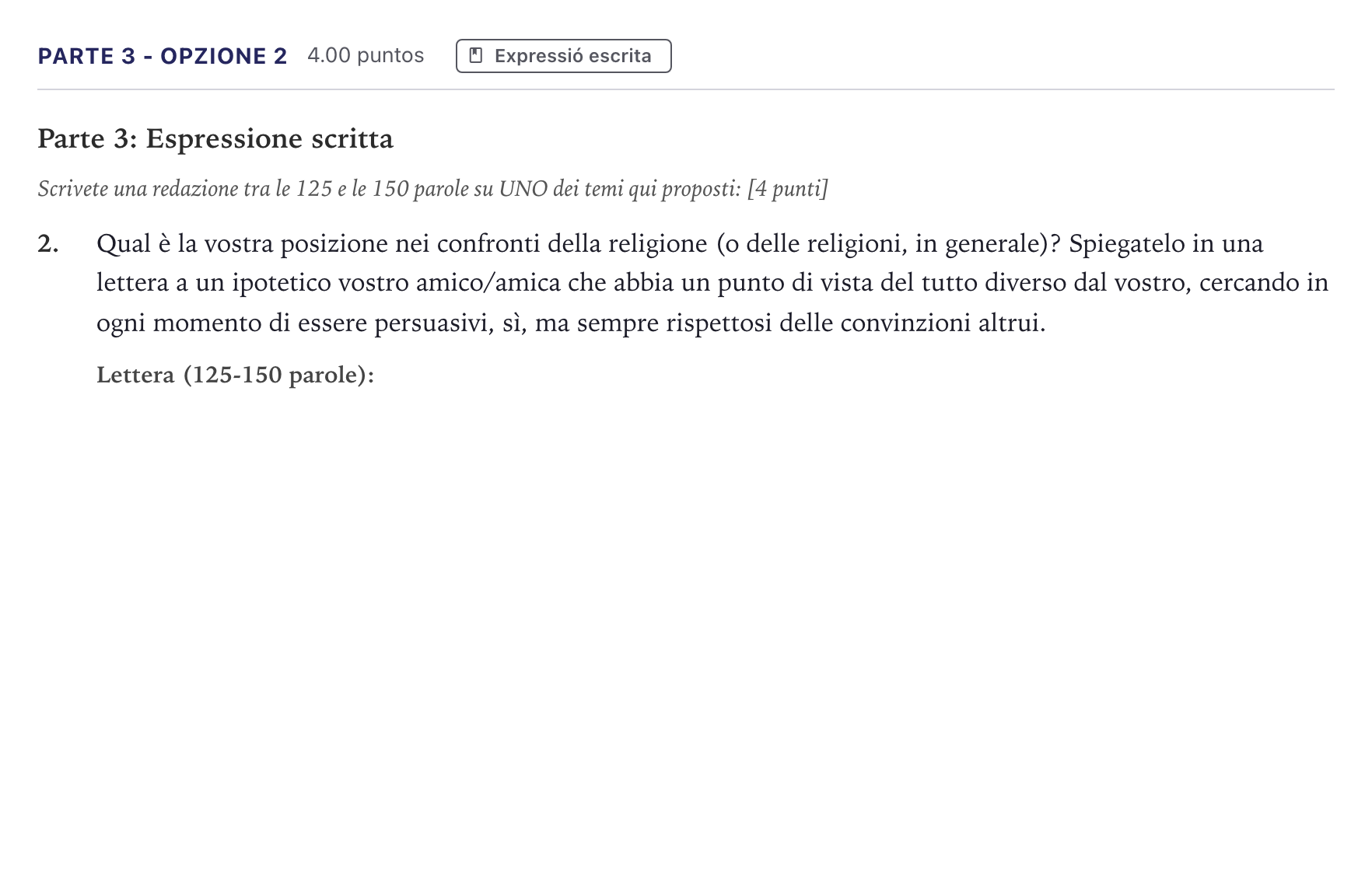 Enunciado: Ejercicio Parte 3 - Opzione 2 · Italiano Selectividad Cataluña Juny Serie 5 2026