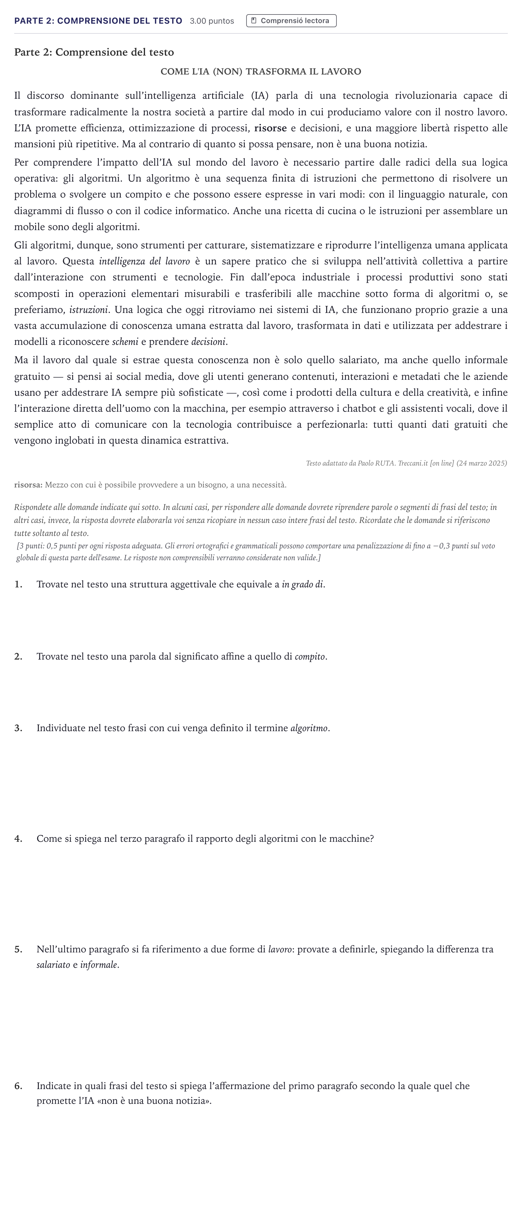 Enunciado: Ejercicio Parte 2: Comprensione del testo · Italiano Selectividad Cataluña Juny Serie 1 2026
