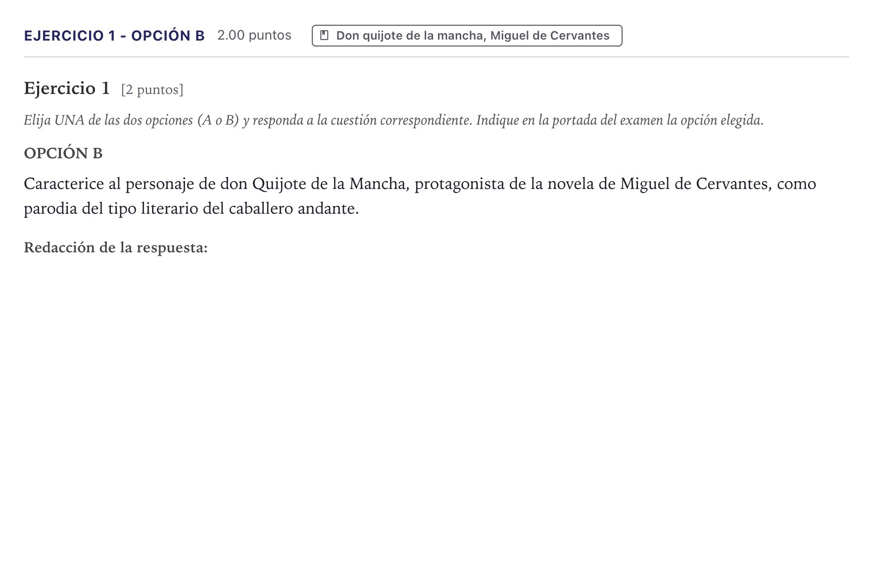 Enunciado: Ejercicio 1 - Opción B · Literatura castellana Selectividad Cataluña Setembre Serie 2 2026