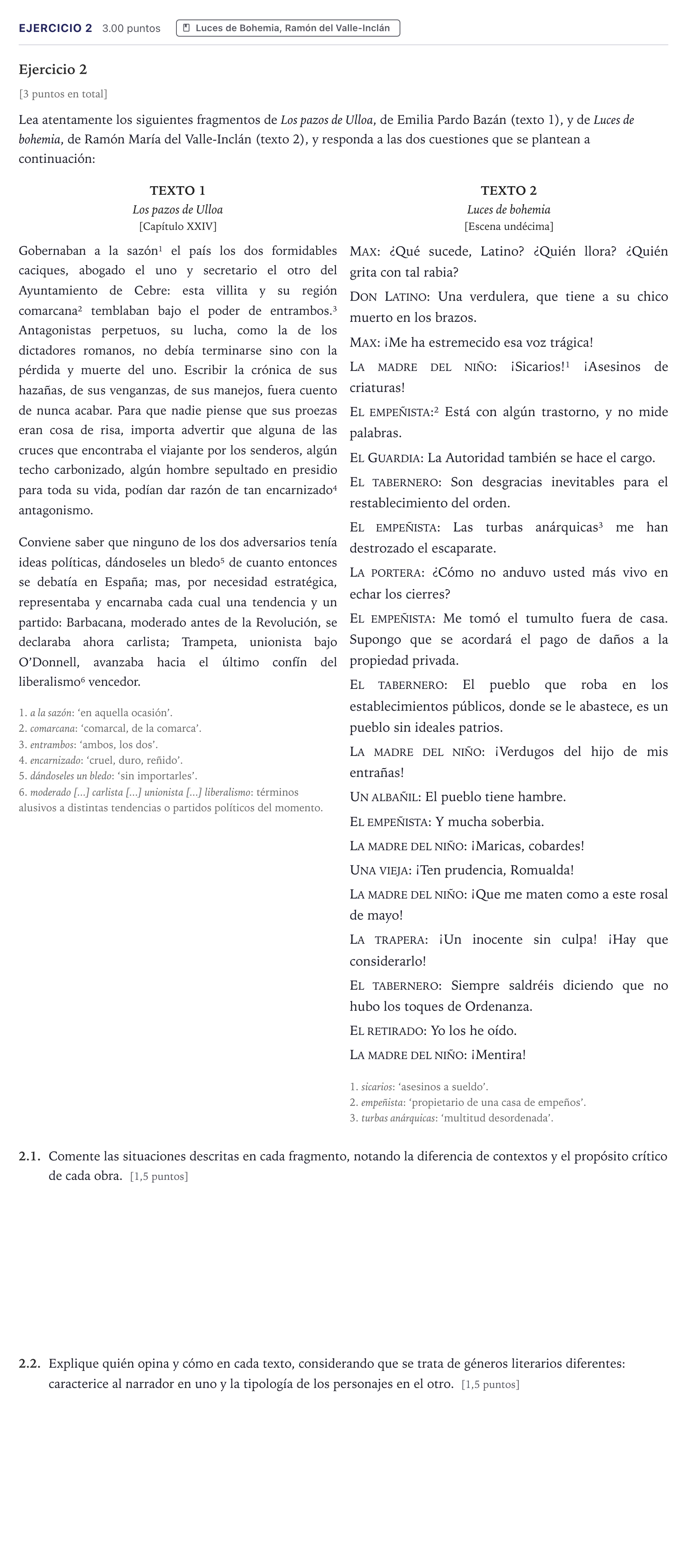 Enunciado: Ejercicio 2 · Literatura castellana Selectividad Cataluña Setembre Serie 2 2026