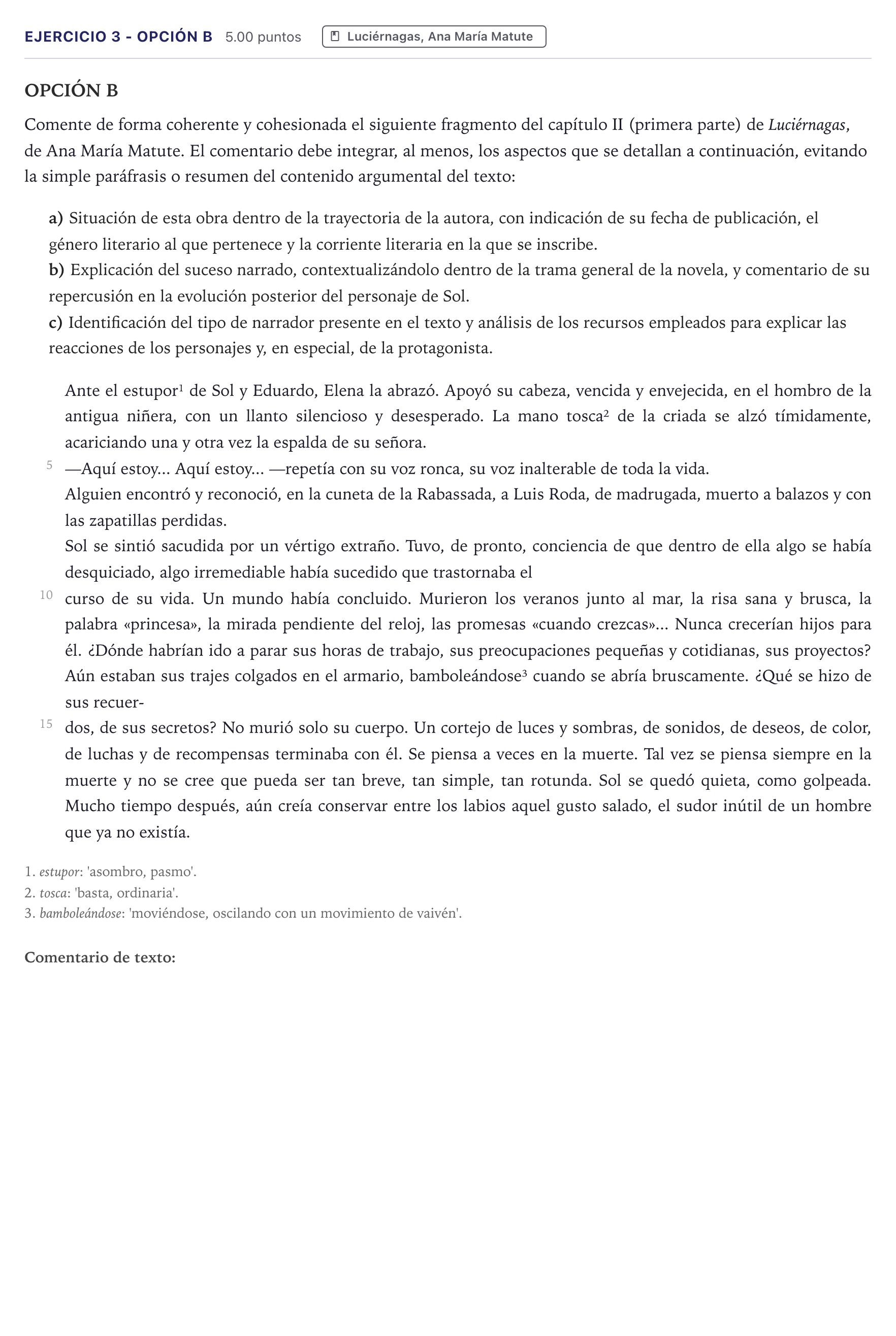 Enunciado: Ejercicio 3 - Opción B · Literatura castellana Selectividad Cataluña Setembre Serie 2 2026