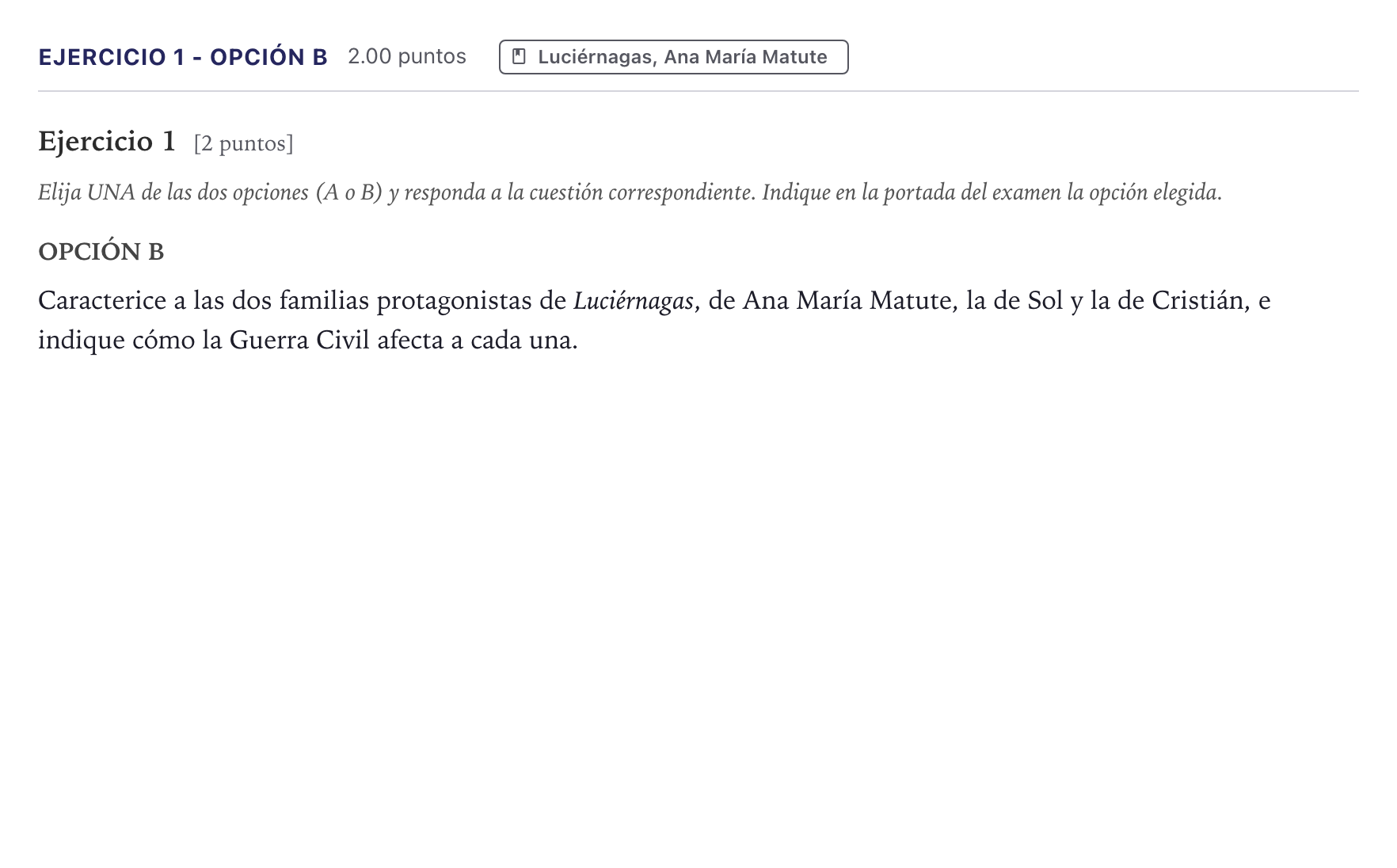 Enunciado: Ejercicio 1 - Opción B · Literatura castellana Selectividad Cataluña Juny Serie 5 2026
