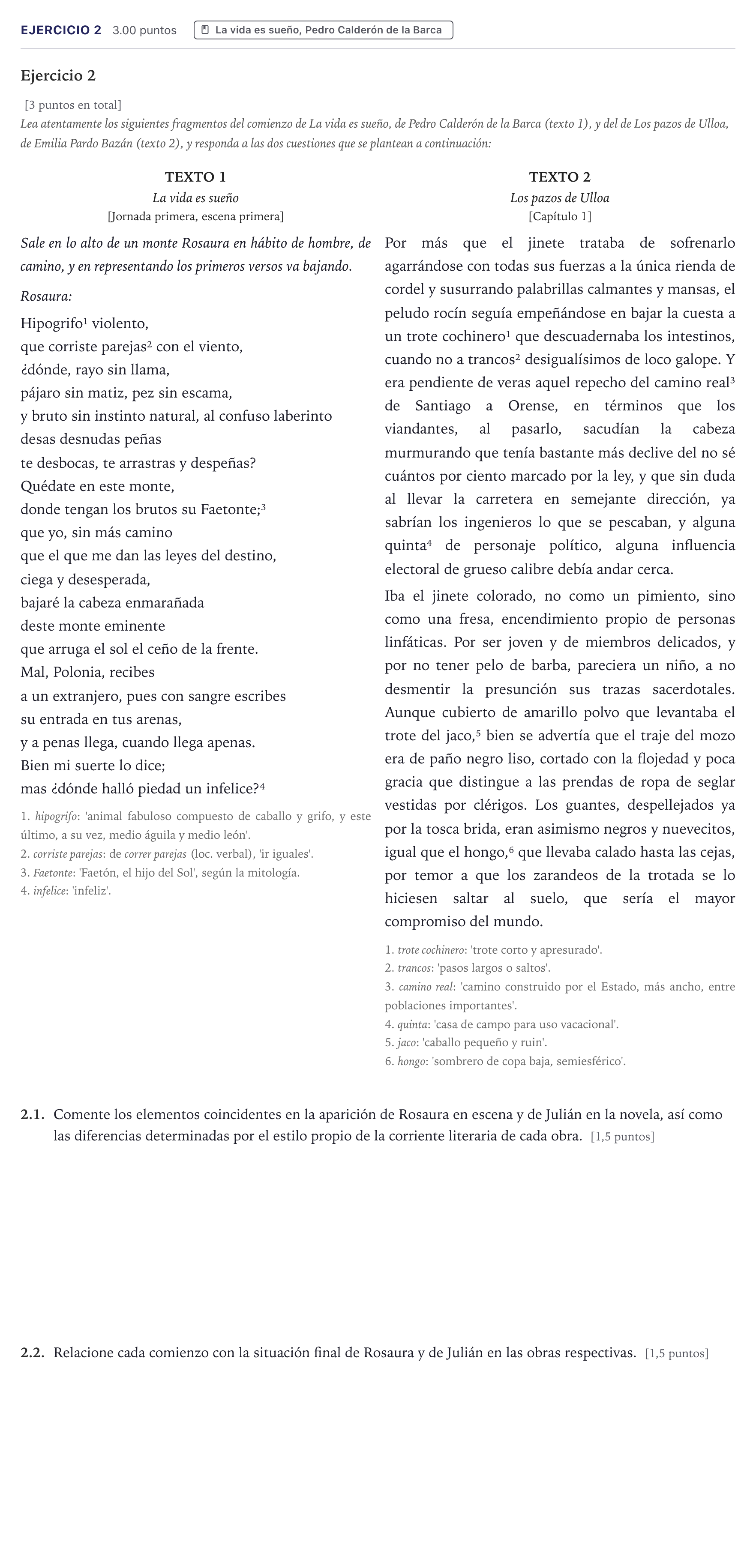 Enunciado: Ejercicio 2 · Literatura castellana Selectividad Cataluña Juny Serie 5 2026