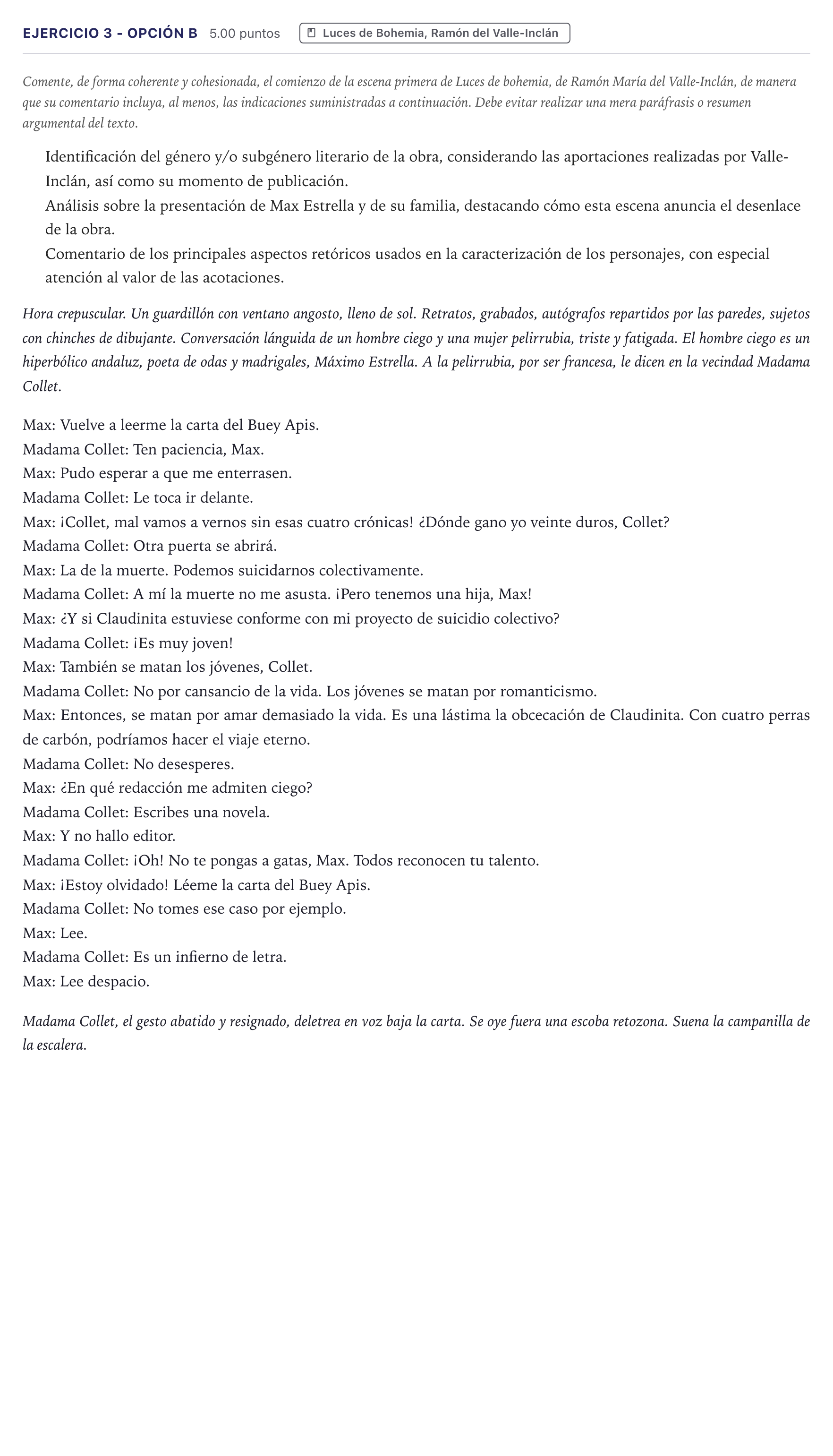Enunciado: Ejercicio 3 - Opción B · Literatura castellana Selectividad Cataluña Juny Serie 5 2026
