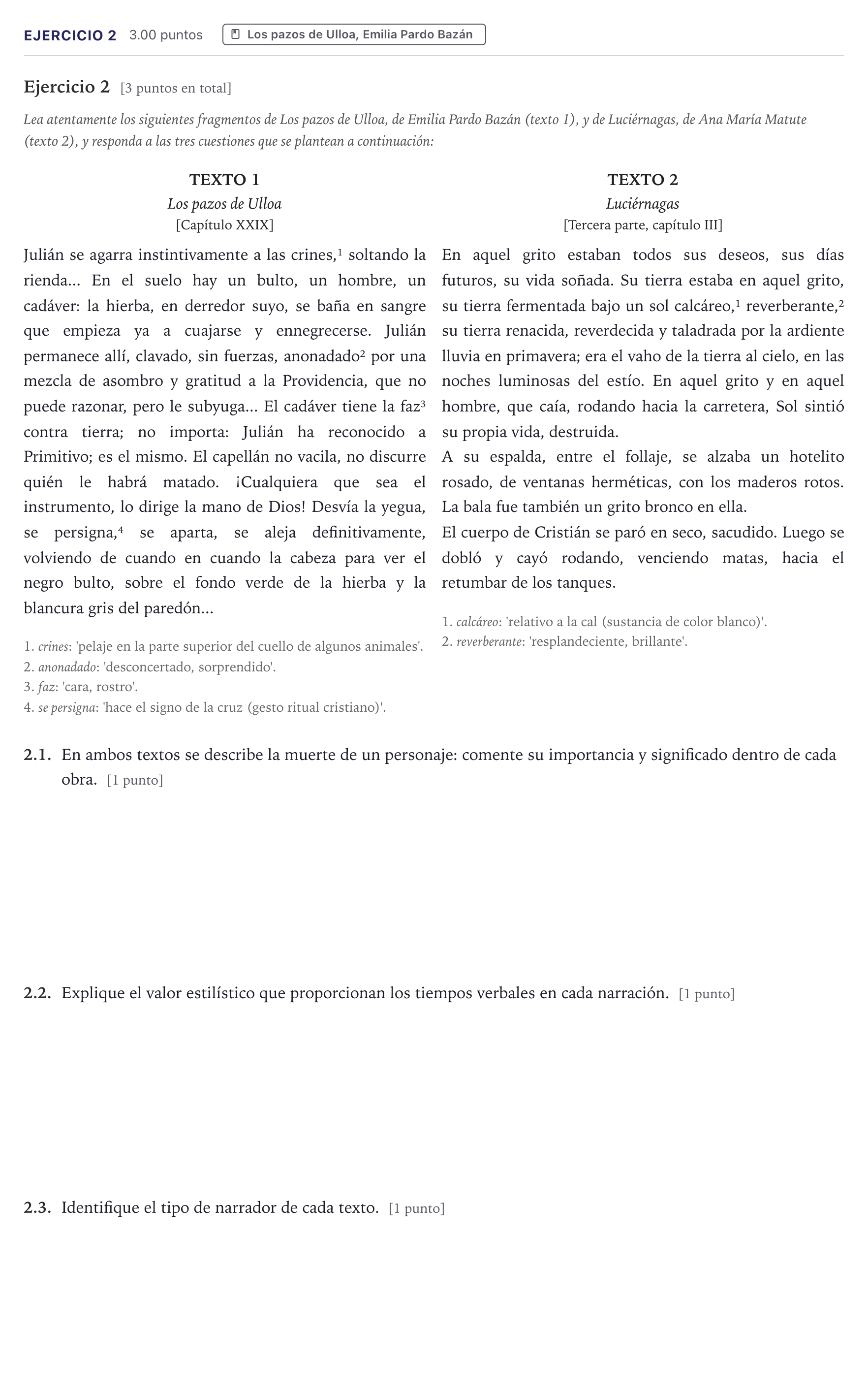 Enunciado: Ejercicio 2 · Literatura castellana Selectividad Cataluña Juny Serie 1 2026