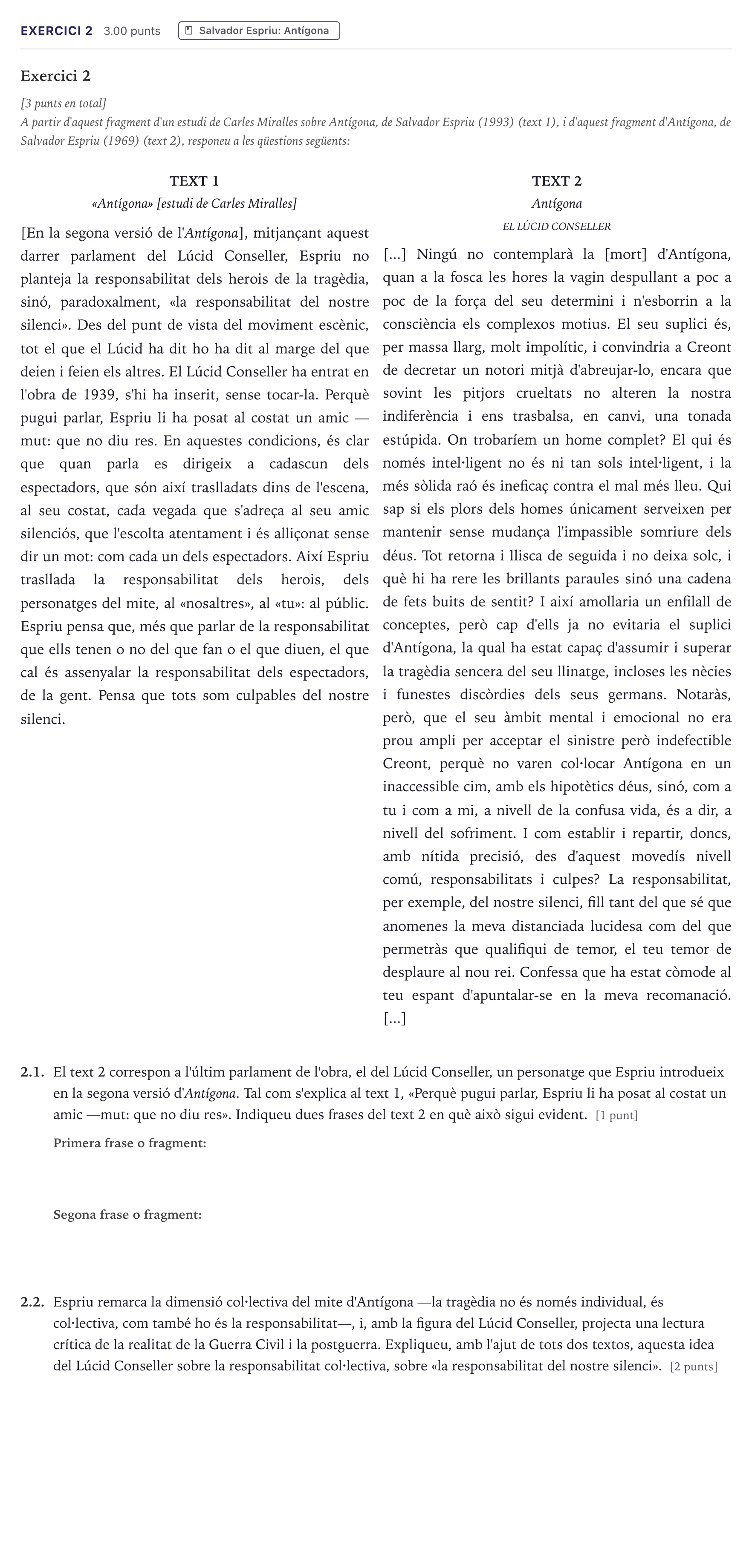 Enunciado: Exercici 2 · Literatura Catalana Selectividad Cataluña Setembre Serie 2 2026