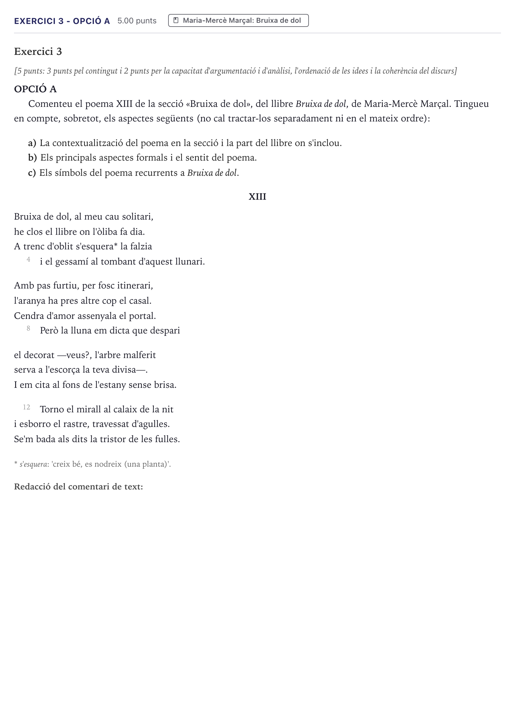 Enunciado: Exercici 3 - Opció A · Literatura Catalana Selectividad Cataluña Setembre Serie 2 2026