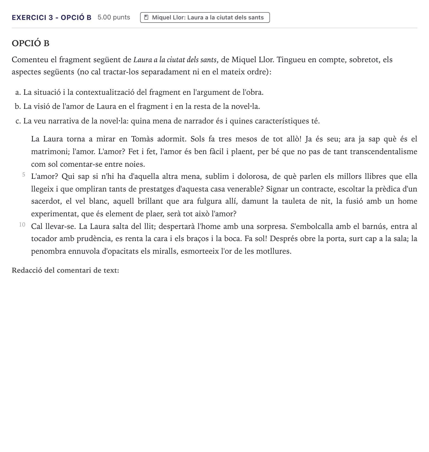 Enunciado: Exercici 3 - Opció B · Literatura Catalana Selectividad Cataluña Setembre Serie 2 2026