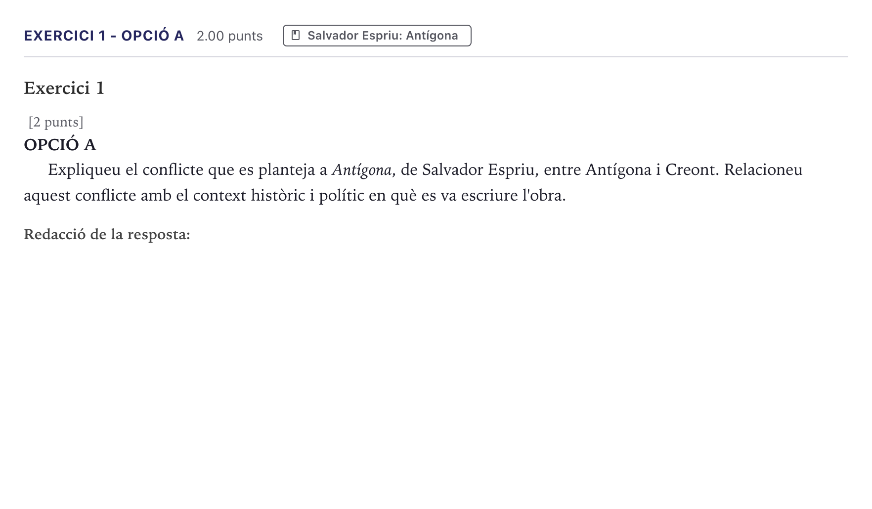 Enunciado: Exercici 1 - Opció A · Literatura Catalana Selectividad Cataluña Juny Serie 5 2026