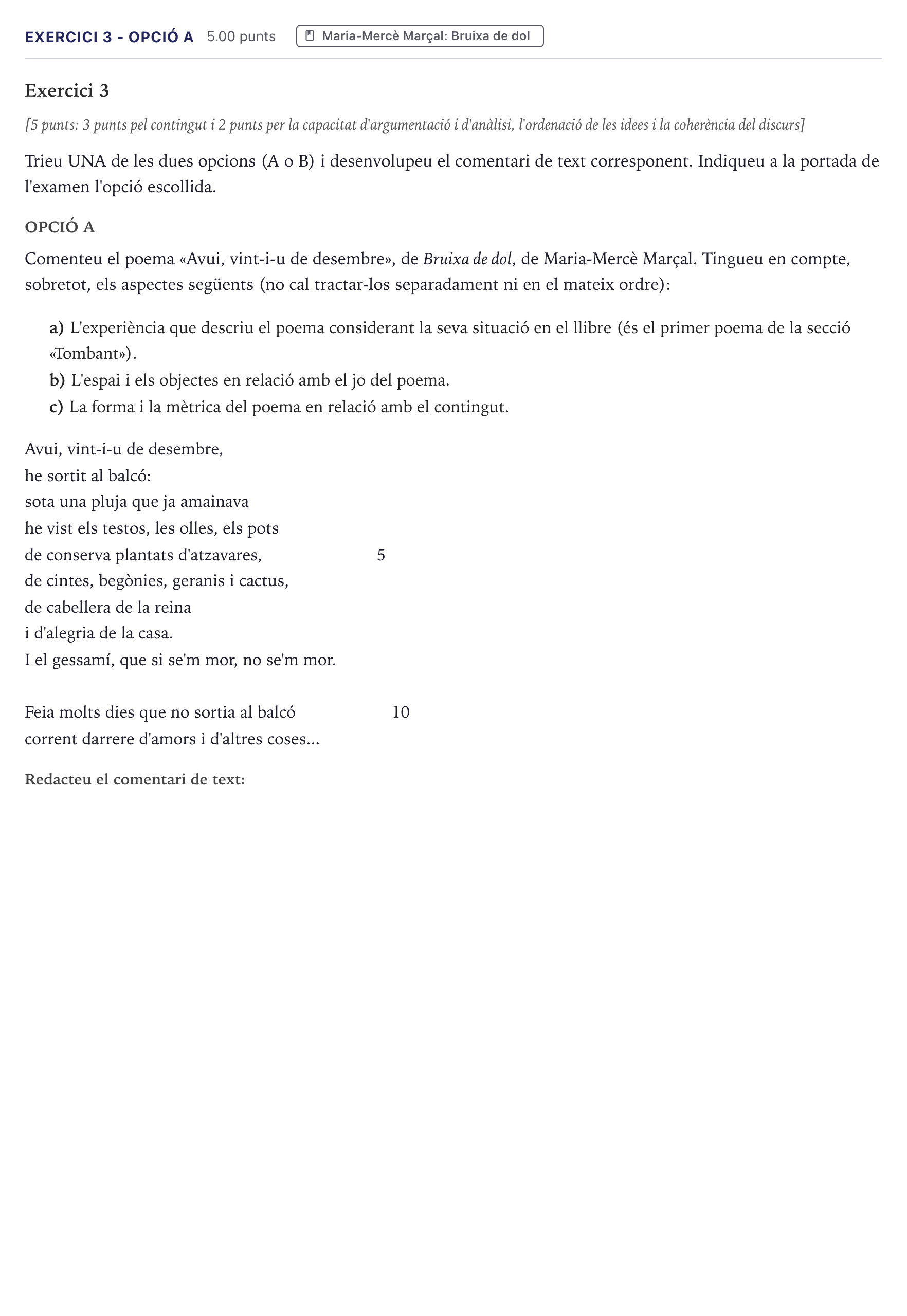 Enunciado: Exercici 3 - Opció A · Literatura Catalana Selectividad Cataluña Juny Serie 5 2026