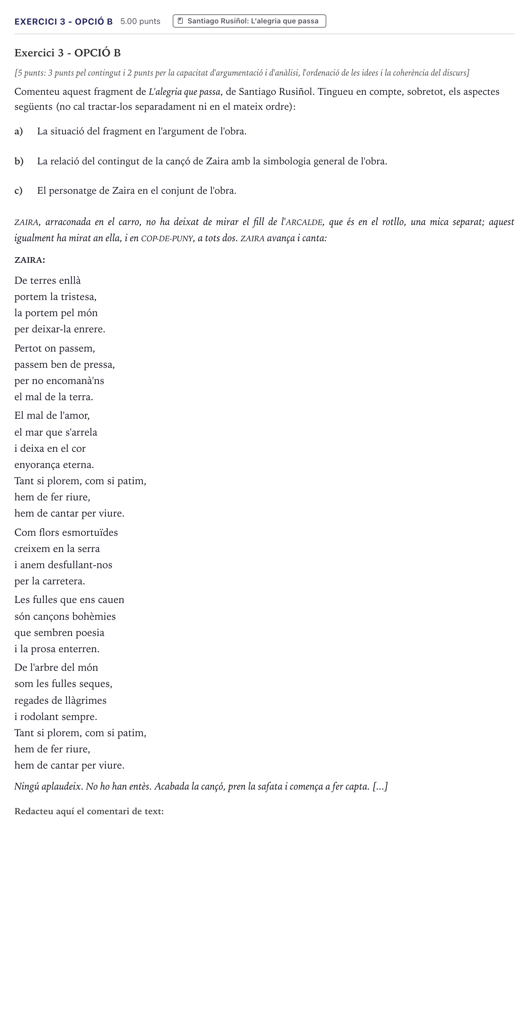 Enunciado: Exercici 3 - Opció B · Literatura Catalana Selectividad Cataluña Juny Serie 5 2026