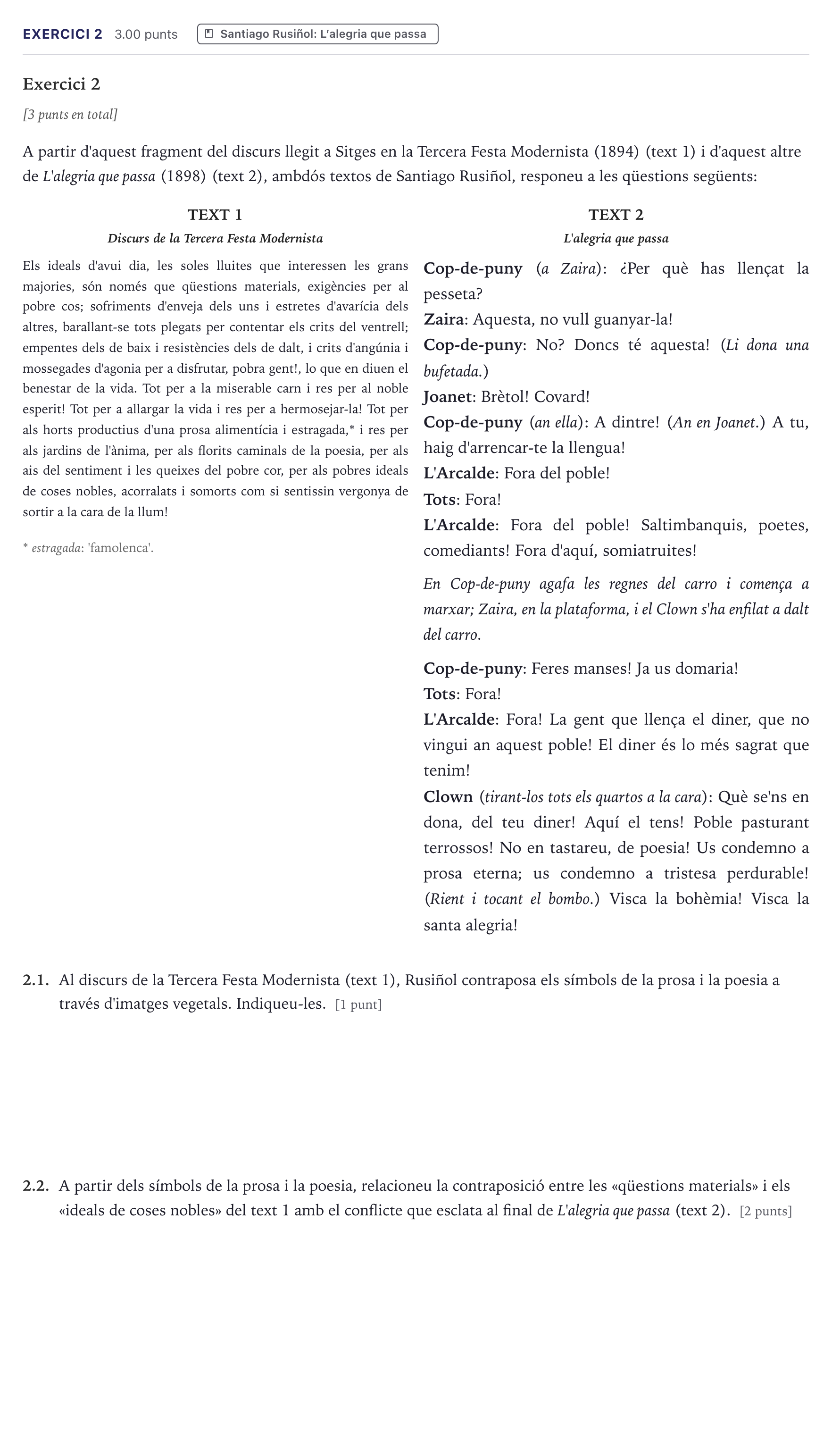 Enunciado: Exercici 2 · Literatura Catalana Selectividad Cataluña Juny Serie 1 2026