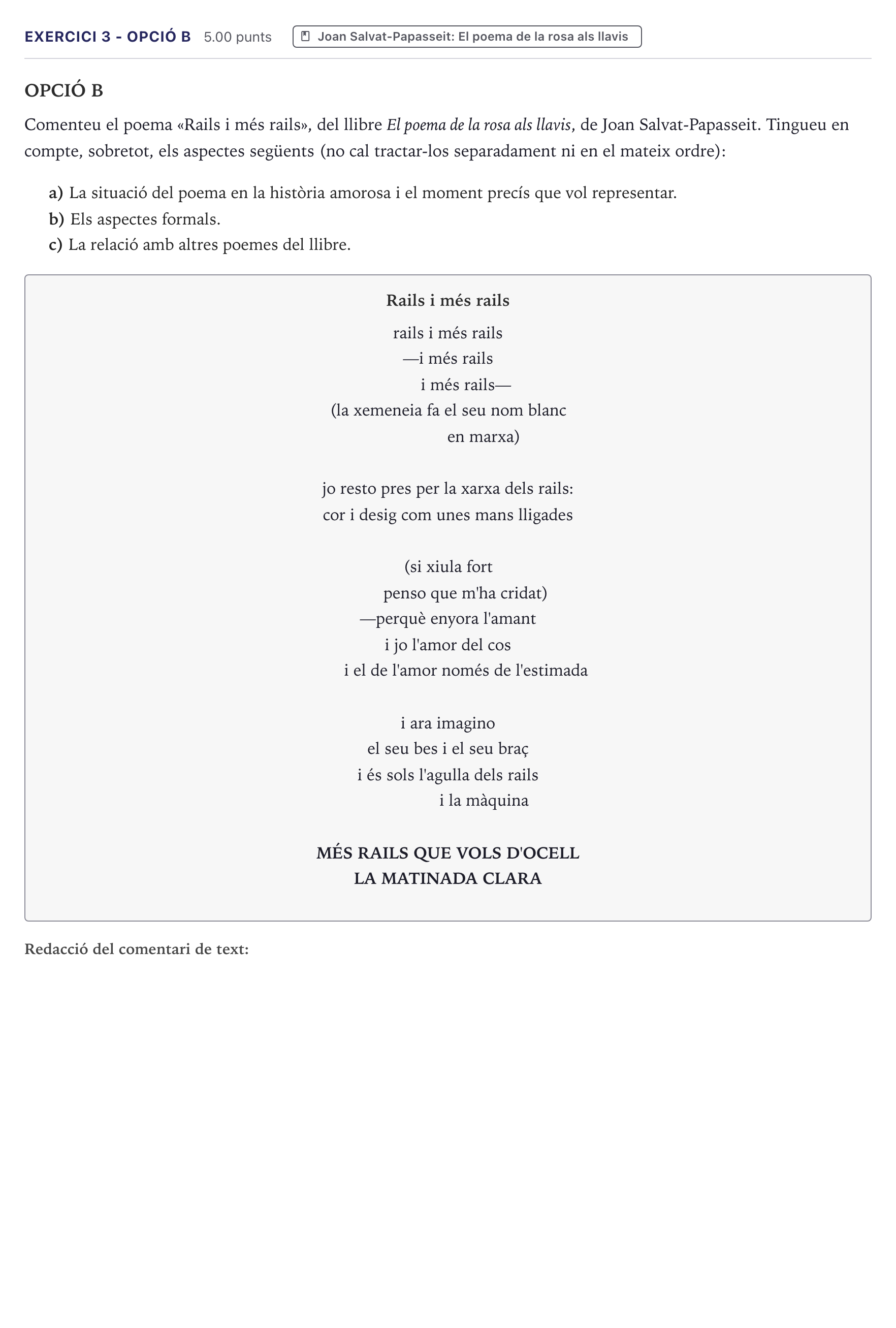 Enunciado: Exercici 3 - Opció B · Literatura Catalana Selectividad Cataluña Juny Serie 1 2026