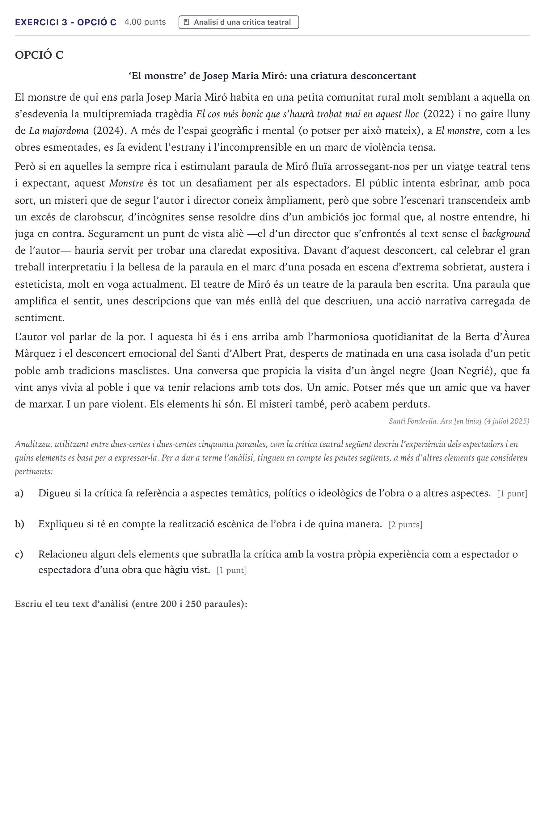 Enunciado: Exercici 3 - Opció C · Literatura Dramática Selectividad Cataluña Setembre Serie 2 2026
