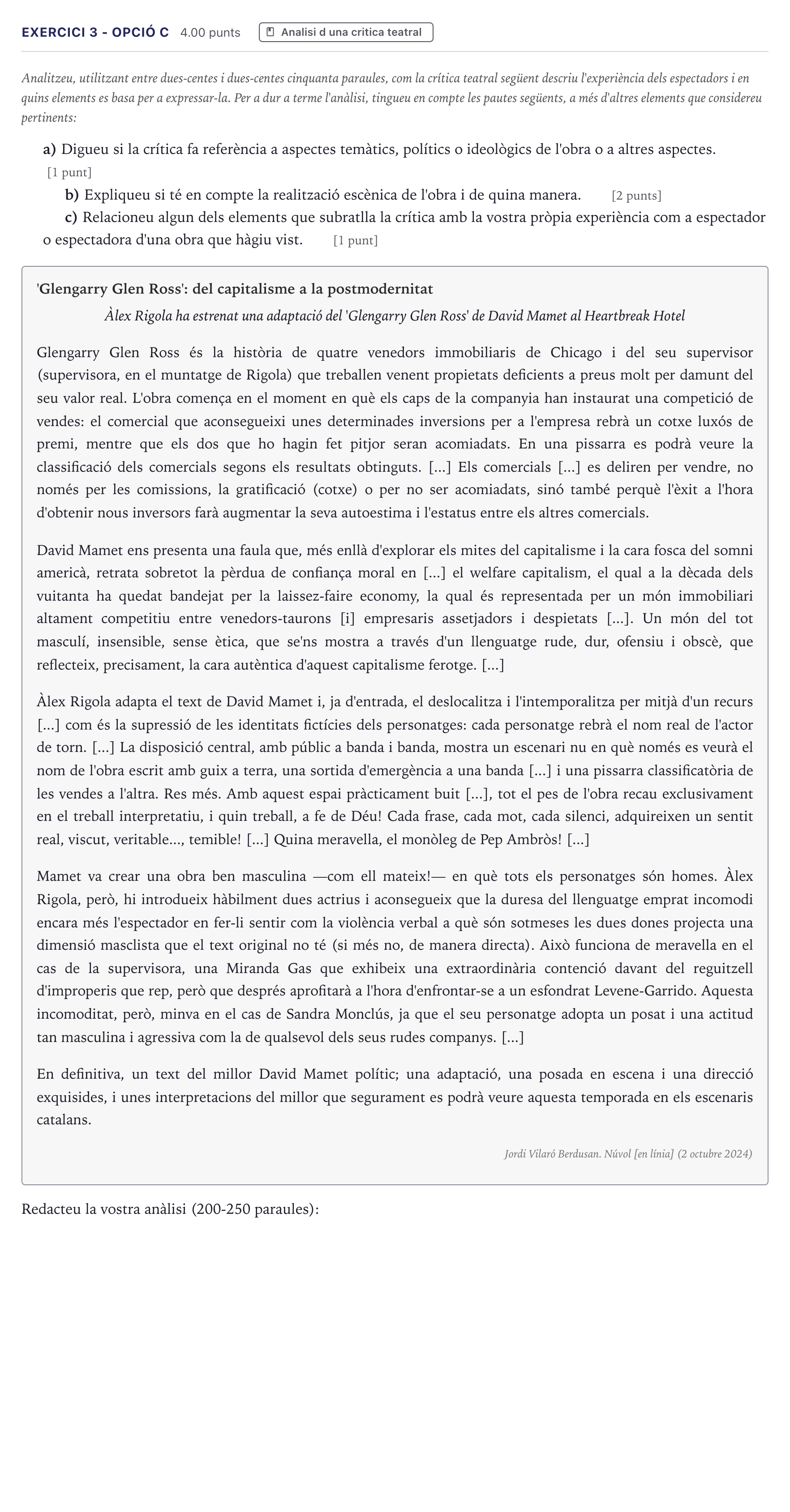 Enunciado: Exercici 3 - Opció C · Literatura Dramática Selectividad Cataluña Juny Serie 5 2026