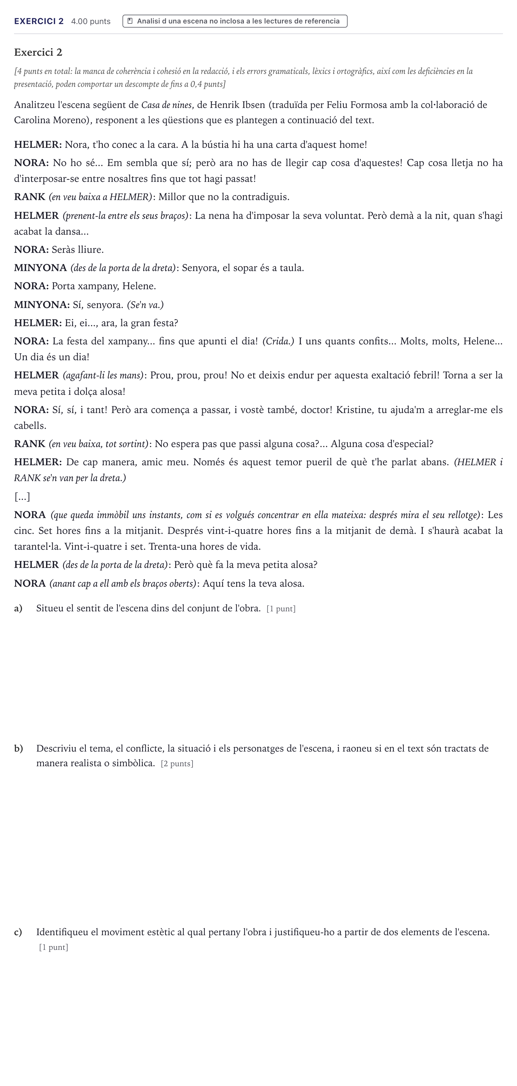 Enunciado: Exercici 2 · Literatura Dramática Selectividad Cataluña Juny Serie 1 2026