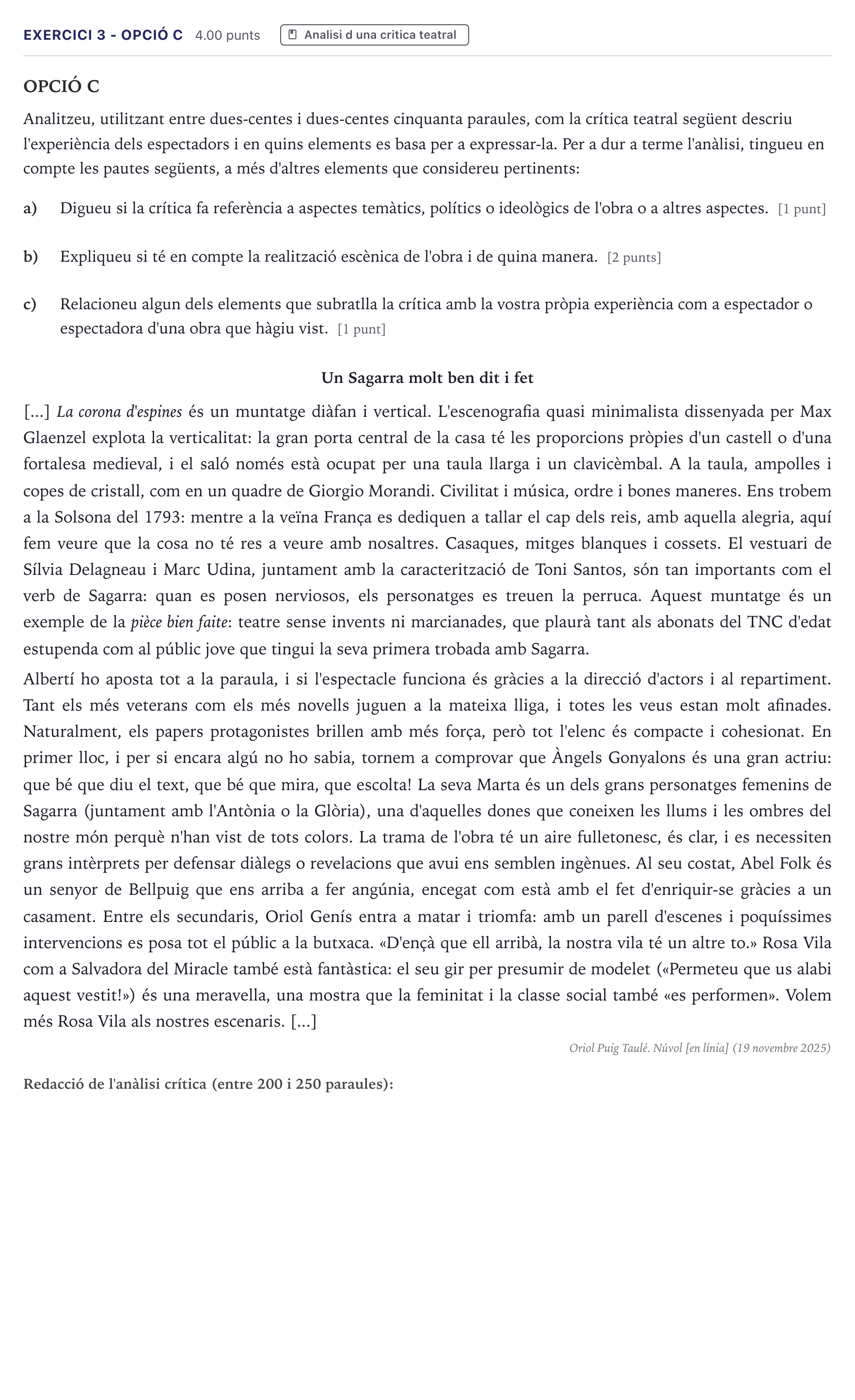 Enunciado: Exercici 3 - Opció C · Literatura Dramática Selectividad Cataluña Juny Serie 1 2026