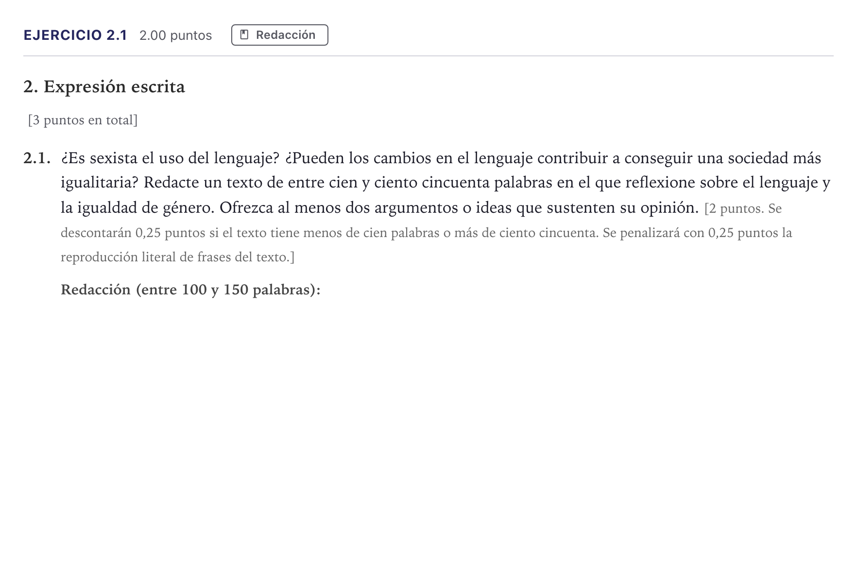 Enunciado: Ejercicio 2.1 · Lengua Castellana y Literatura II Selectividad Cataluña Setembre Serie 2 2026