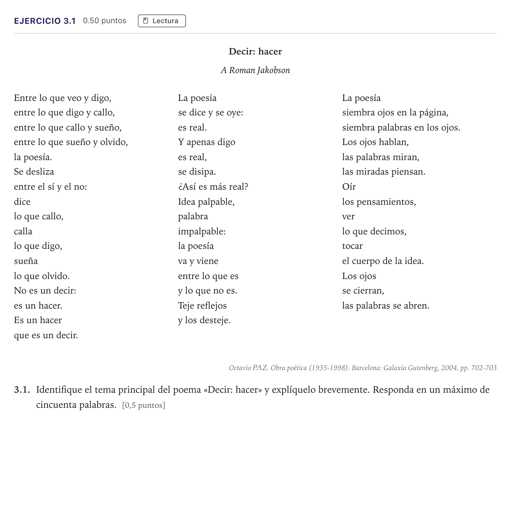 Enunciado: Ejercicio 3.1 · Lengua Castellana y Literatura II Selectividad Cataluña Setembre Serie 2 2026