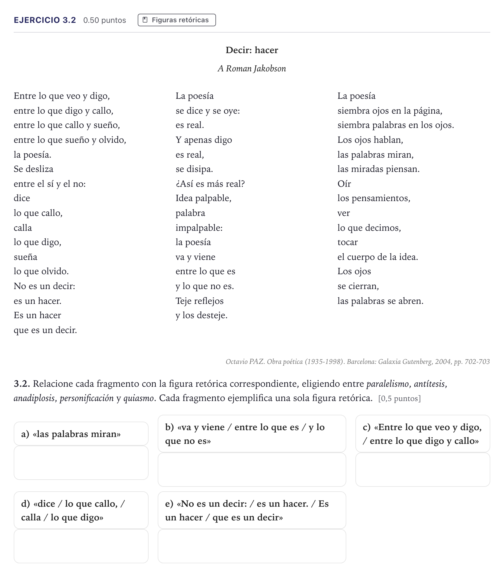 Enunciado: Ejercicio 3.2 · Lengua Castellana y Literatura II Selectividad Cataluña Setembre Serie 2 2026
