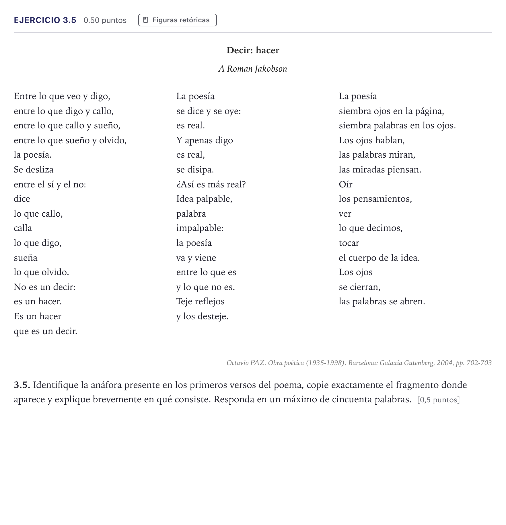 Enunciado: Ejercicio 3.5 · Lengua Castellana y Literatura II Selectividad Cataluña Setembre Serie 2 2026