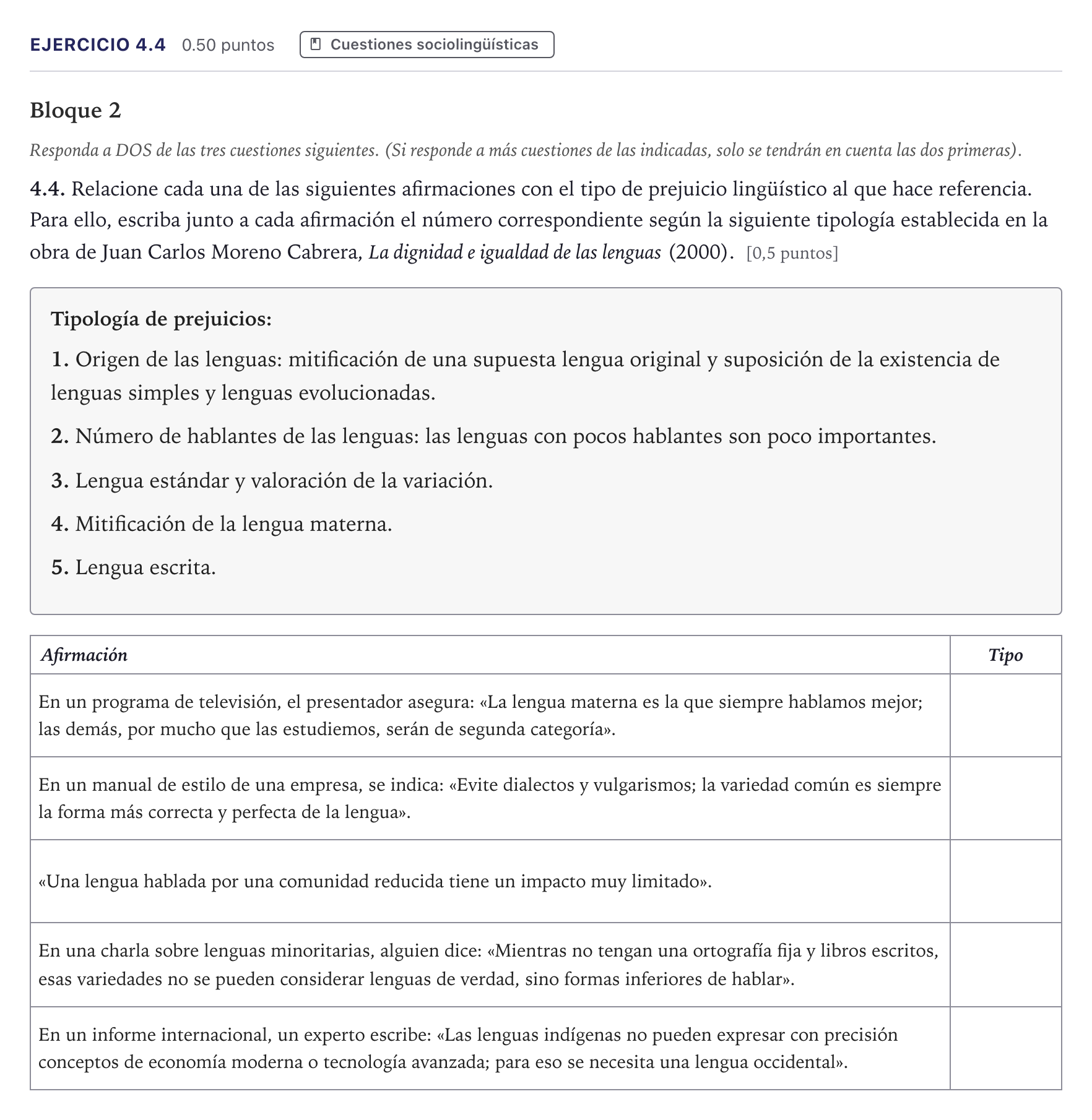 Enunciado: Ejercicio 4.4 · Lengua Castellana y Literatura II Selectividad Cataluña Setembre Serie 2 2026