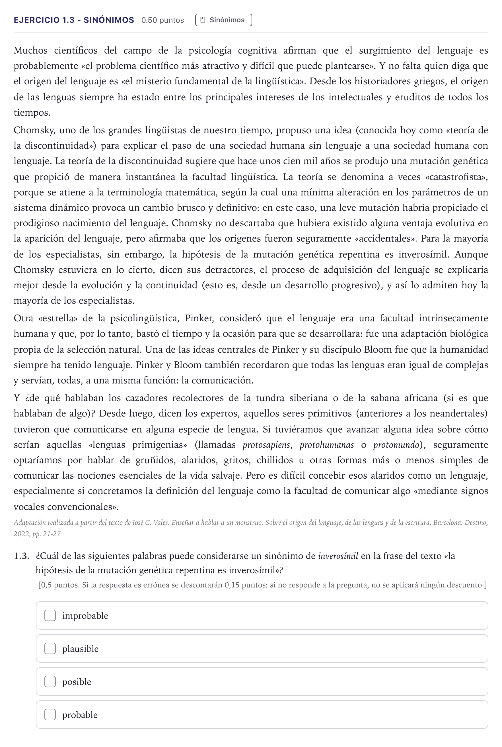 Enunciado: Ejercicio 1.3 - Sinónimos · Lengua Castellana y Literatura II Selectividad Cataluña Juny Serie 5 2026