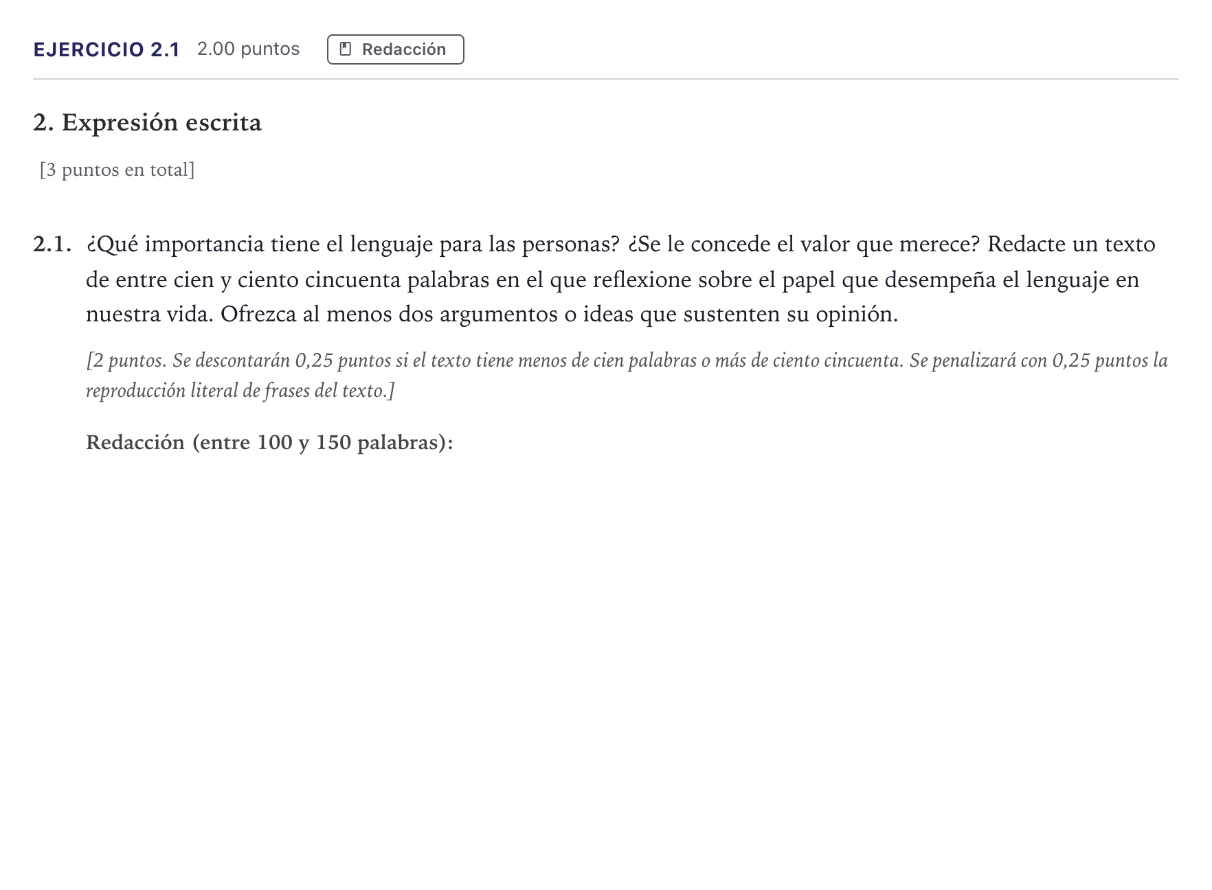 Enunciado: Ejercicio 2.1 · Lengua Castellana y Literatura II Selectividad Cataluña Juny Serie 5 2026