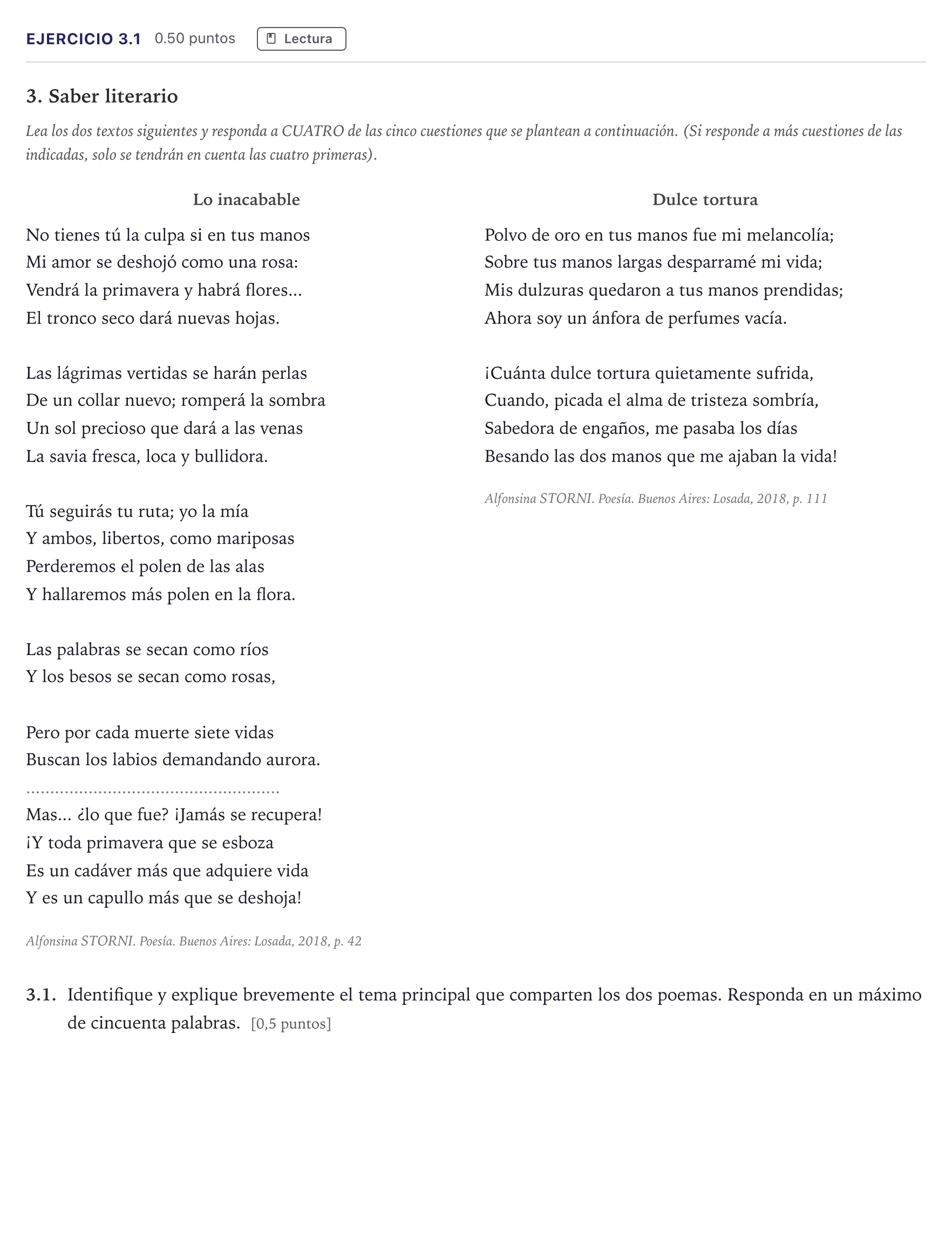 Enunciado: Ejercicio 3.1 · Lengua Castellana y Literatura II Selectividad Cataluña Juny Serie 5 2026