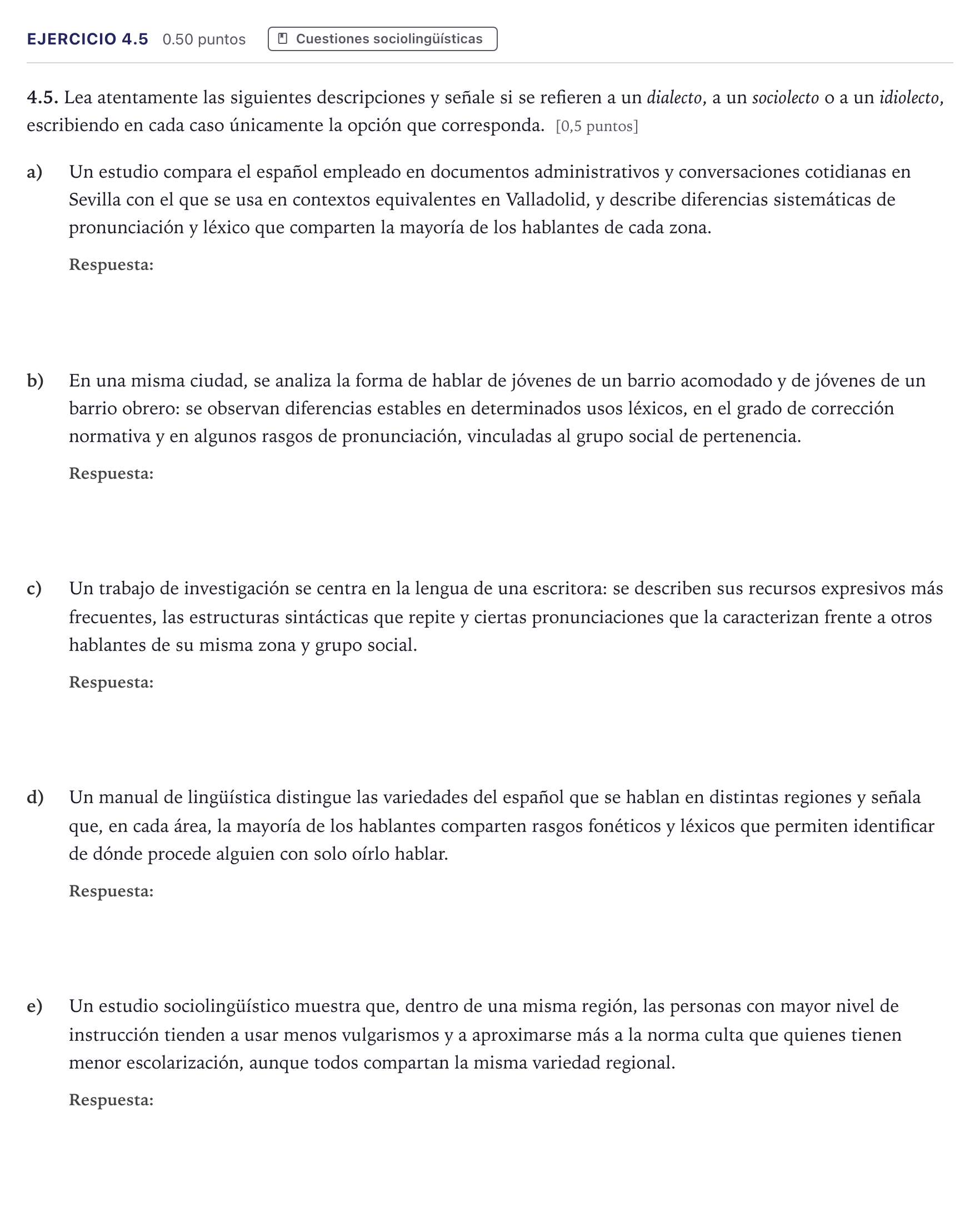 Enunciado: Ejercicio 4.5 · Lengua Castellana y Literatura II Selectividad Cataluña Juny Serie 5 2026