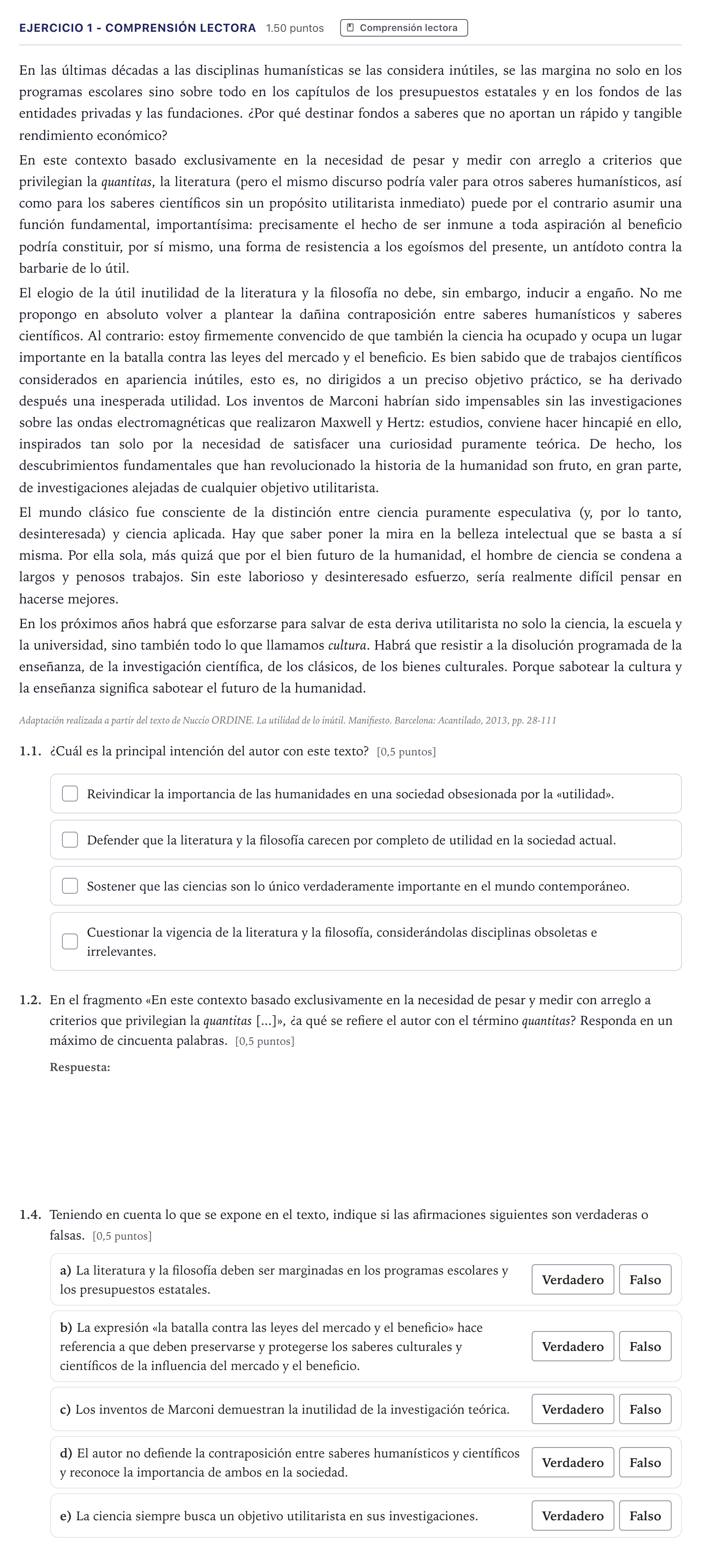 Enunciado: Ejercicio 1 - Comprensión lectora · Lengua Castellana y Literatura II Selectividad Cataluña Juny Serie 1 2026