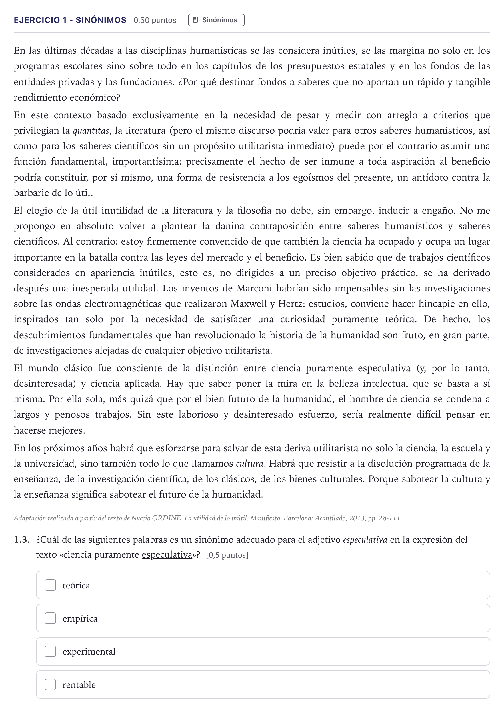 Enunciado: Ejercicio 1 - Sinónimos · Lengua Castellana y Literatura II Selectividad Cataluña Juny Serie 1 2026