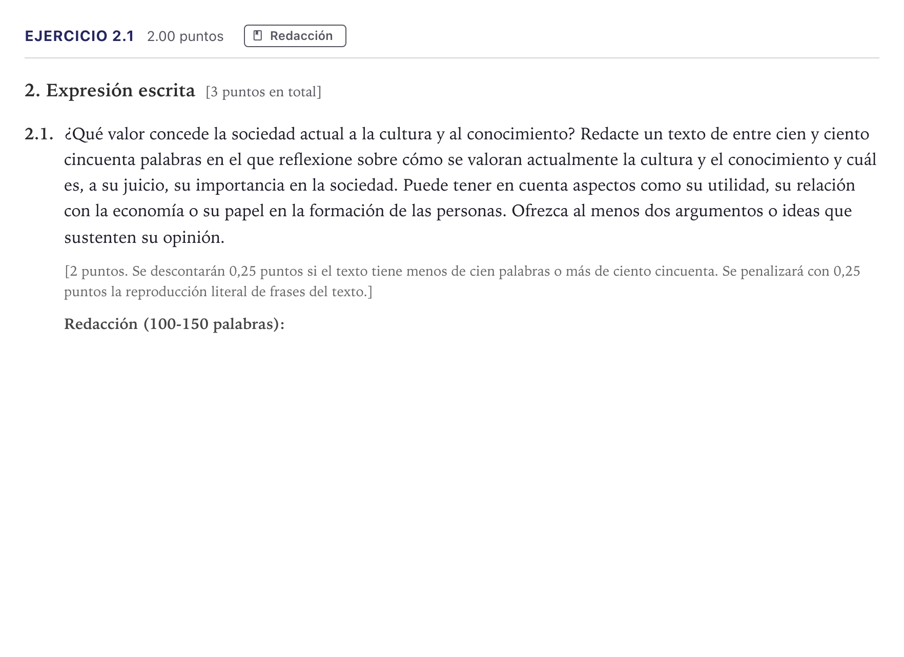 Enunciado: Ejercicio 2.1 · Lengua Castellana y Literatura II Selectividad Cataluña Juny Serie 1 2026