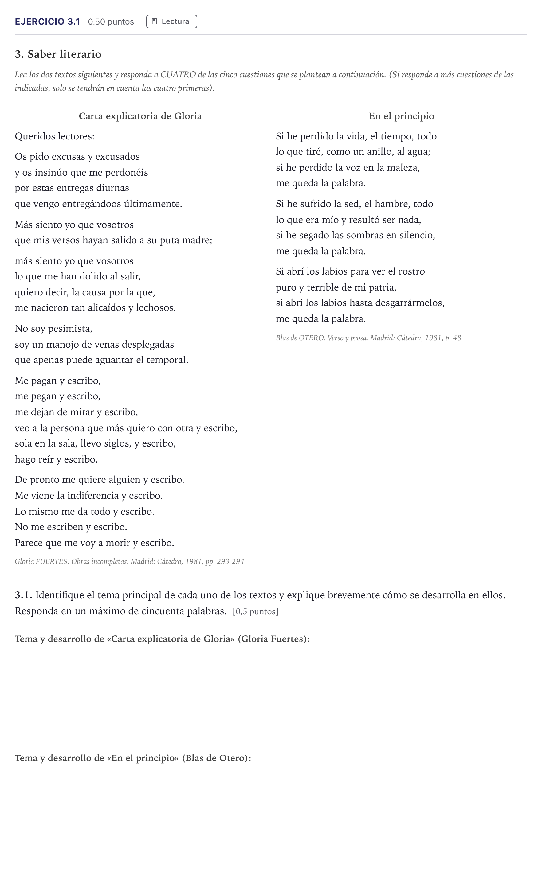 Enunciado: Ejercicio 3.1 · Lengua Castellana y Literatura II Selectividad Cataluña Juny Serie 1 2026
