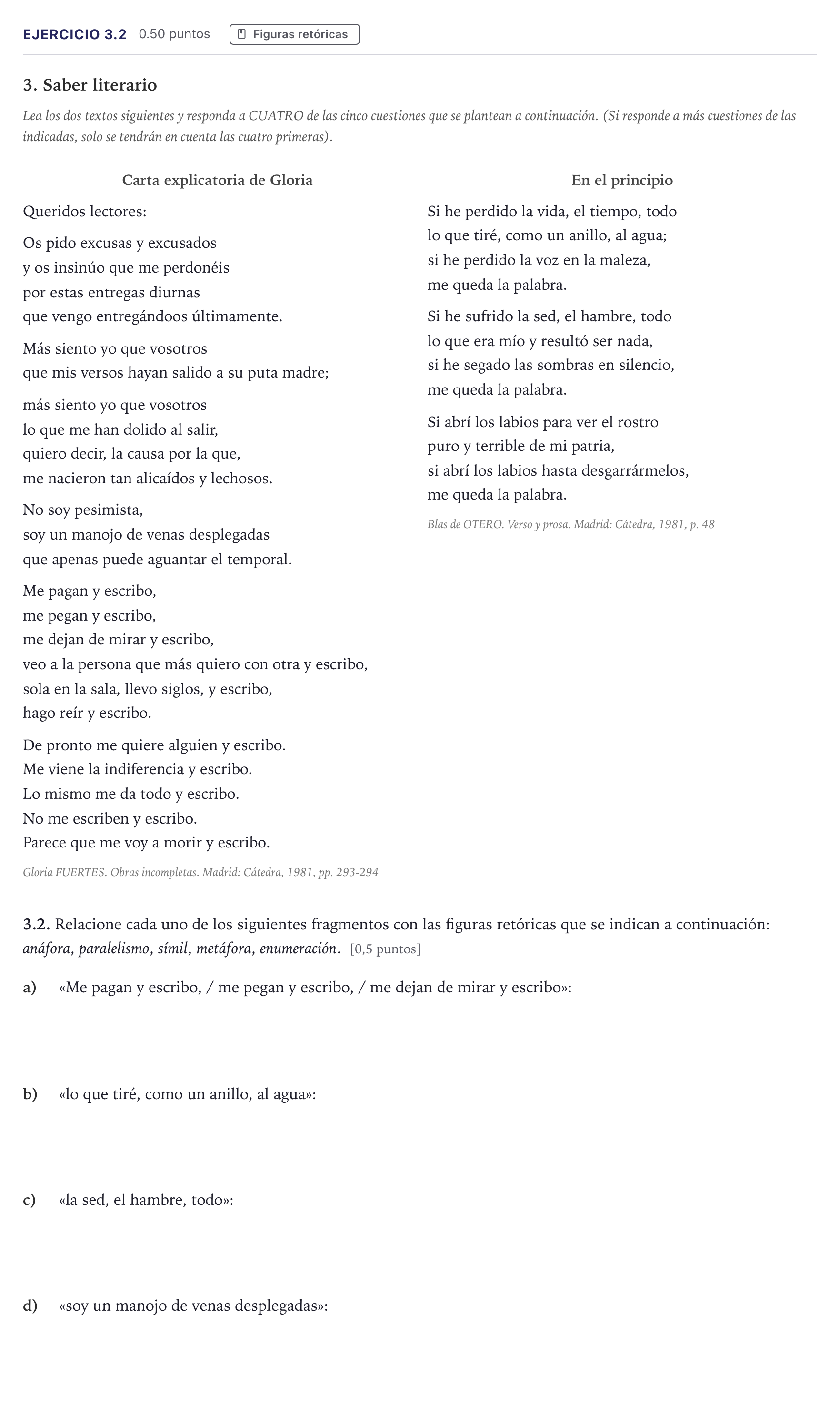 Enunciado: Ejercicio 3.2 · Lengua Castellana y Literatura II Selectividad Cataluña Juny Serie 1 2026