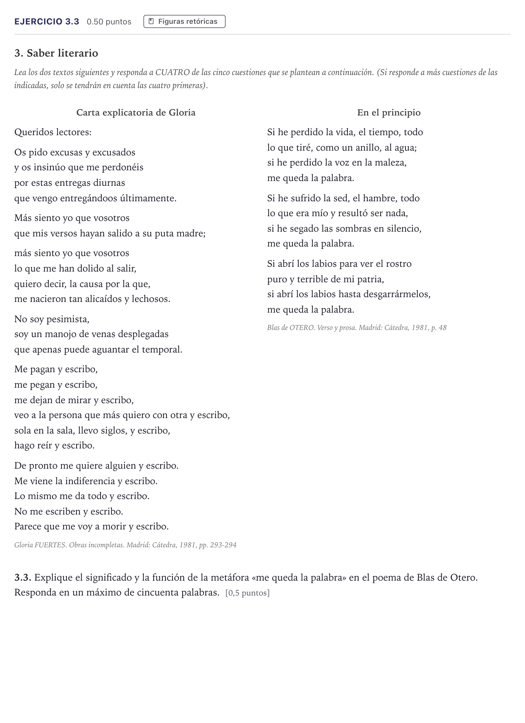Enunciado: Ejercicio 3.3 · Lengua Castellana y Literatura II Selectividad Cataluña Juny Serie 1 2026