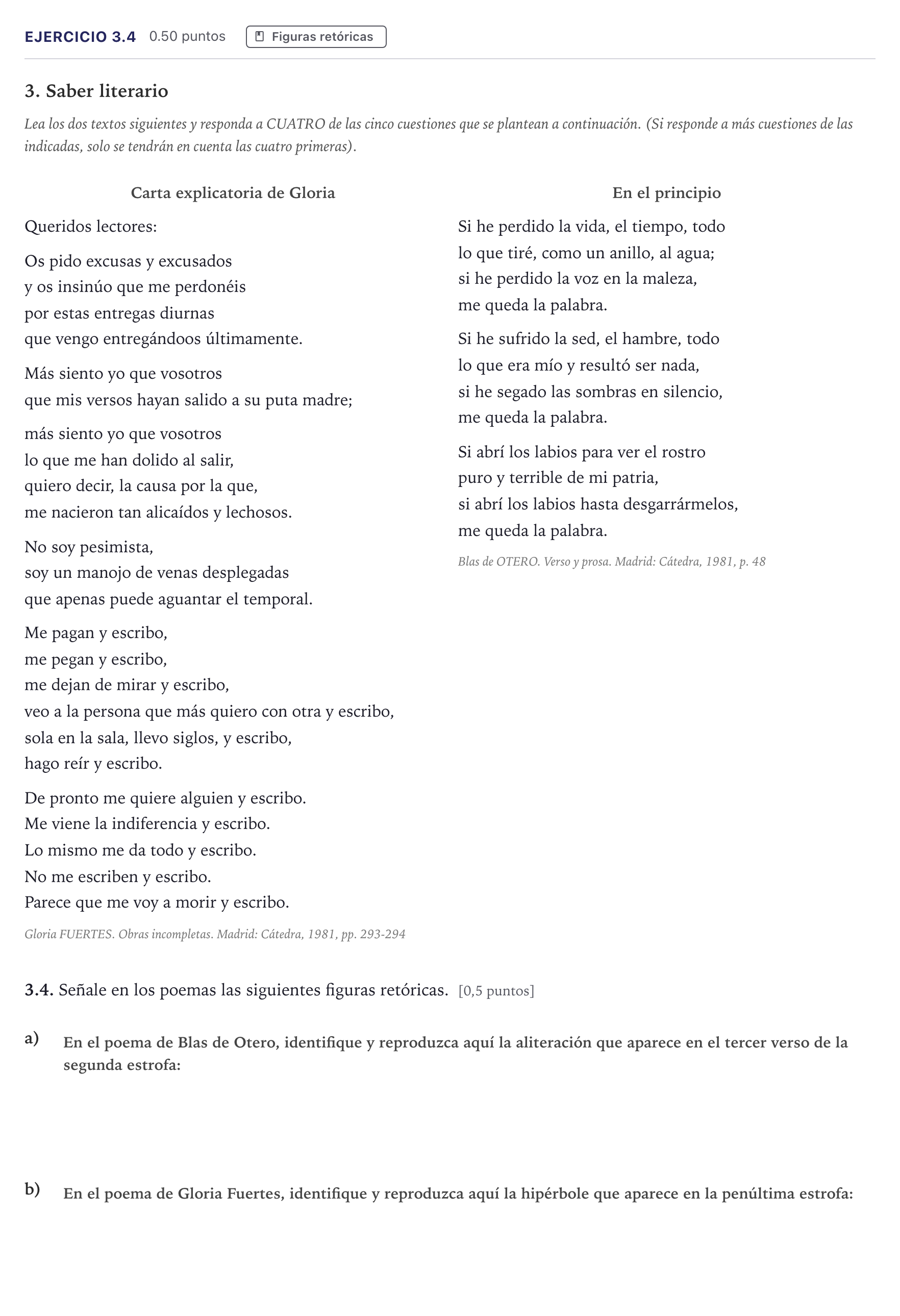 Enunciado: Ejercicio 3.4 · Lengua Castellana y Literatura II Selectividad Cataluña Juny Serie 1 2026