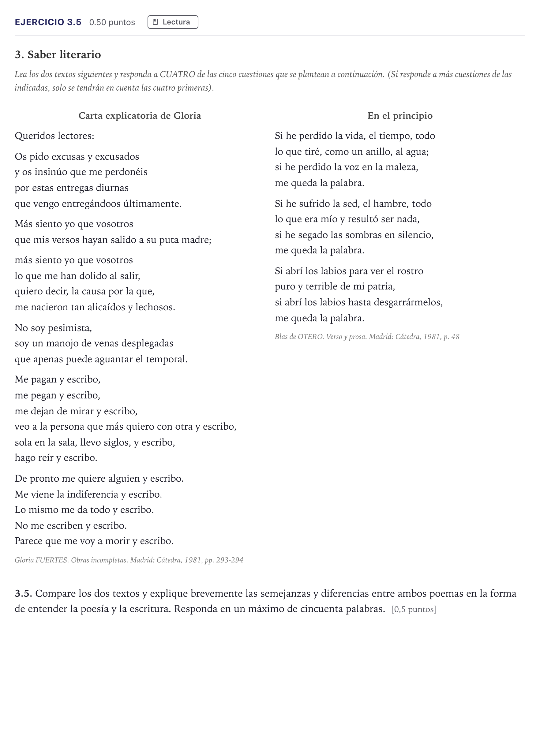 Enunciado: Ejercicio 3.5 · Lengua Castellana y Literatura II Selectividad Cataluña Juny Serie 1 2026