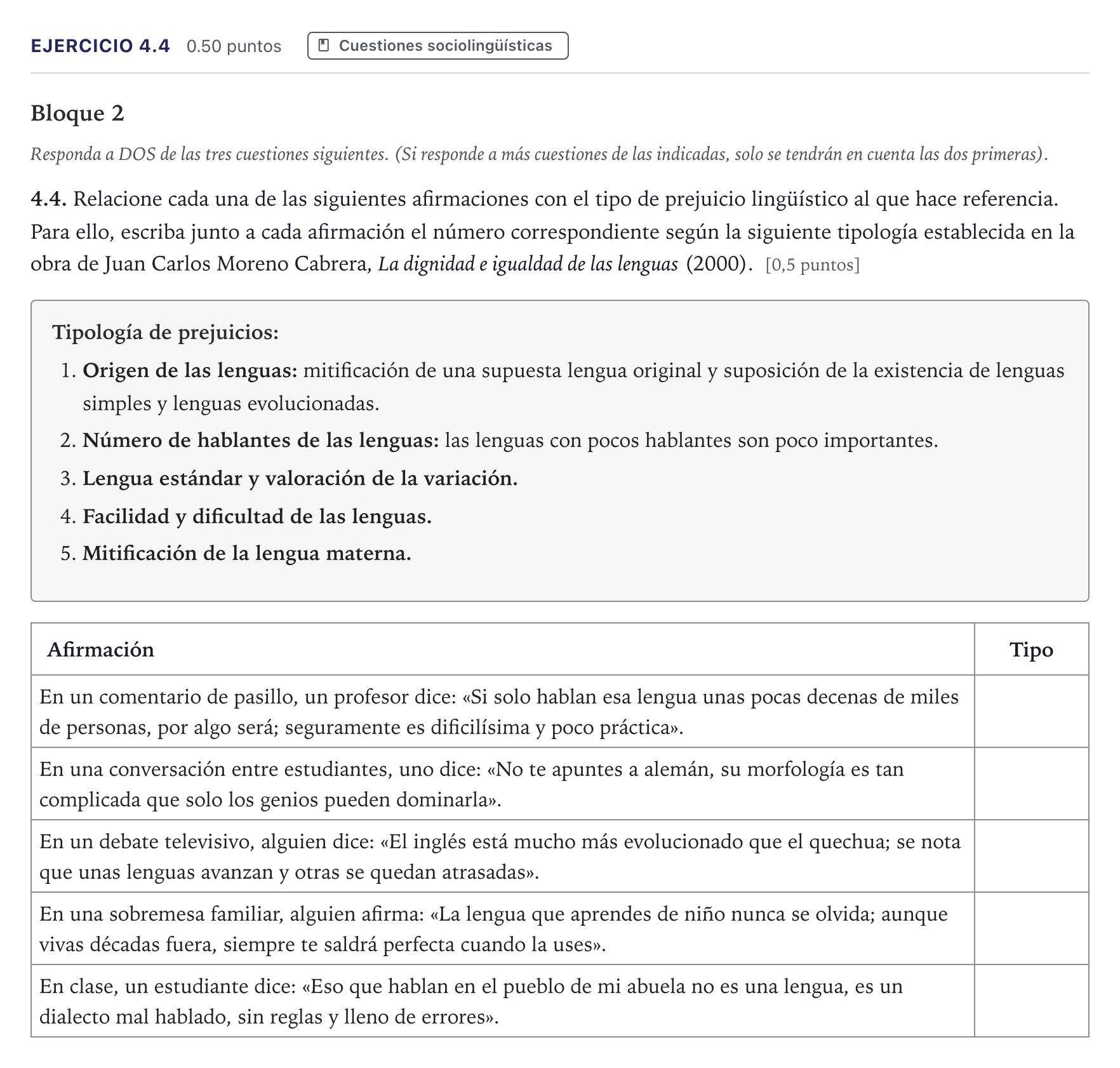 Enunciado: Ejercicio 4.4 · Lengua Castellana y Literatura II Selectividad Cataluña Juny Serie 1 2026