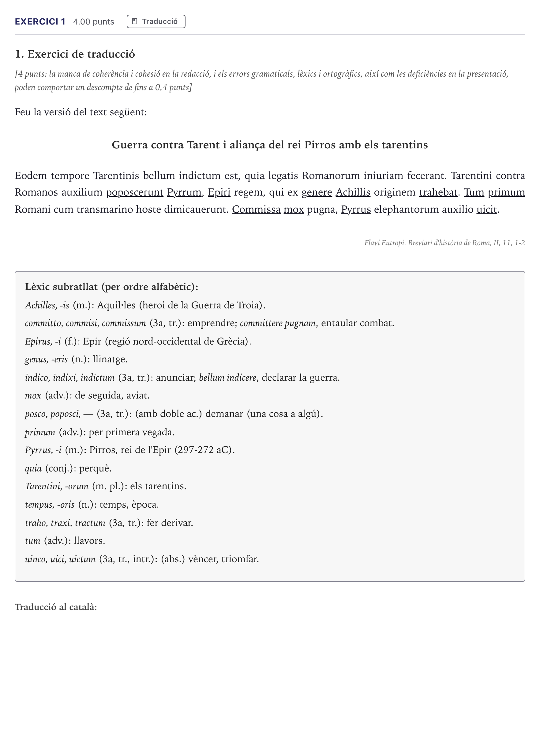 Enunciado: Problema 1 · Latín II Selectividad Cataluña Setembre Serie 2 2026
