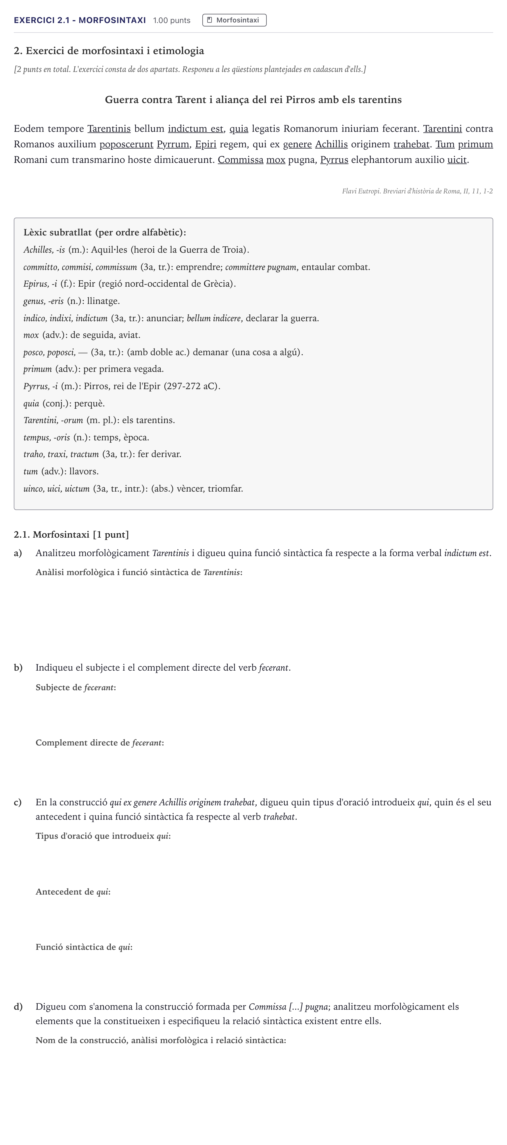 Enunciado: Ejercicio 2.1 - Morfosintaxi · Latín II Selectividad Cataluña Setembre Serie 2 2026