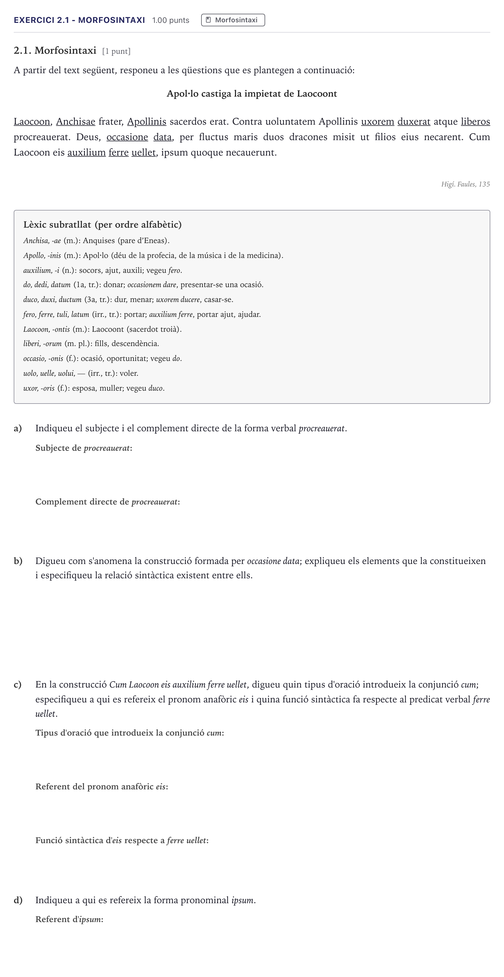 Enunciado: Ejercicio 2.1 - Morfosintaxi · Latín II Selectividad Cataluña Juny Serie 5 2026