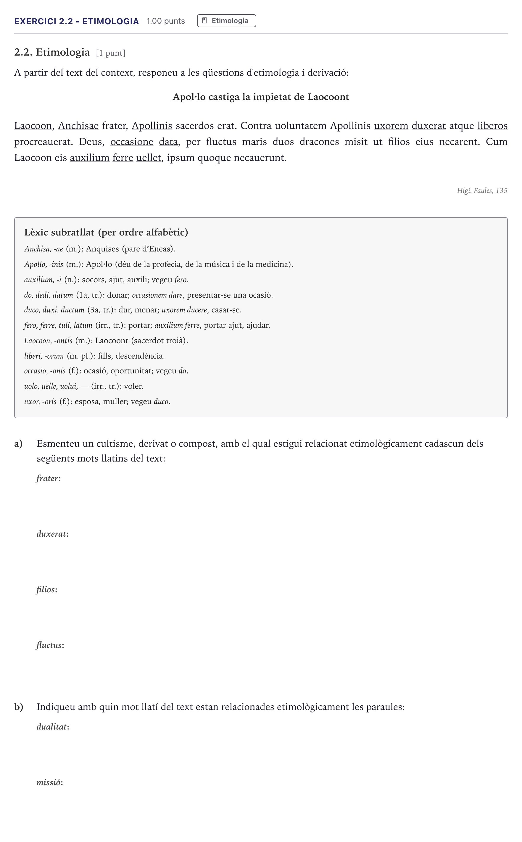 Enunciado: Ejercicio 2.2 - Etimologia · Latín II Selectividad Cataluña Juny Serie 5 2026