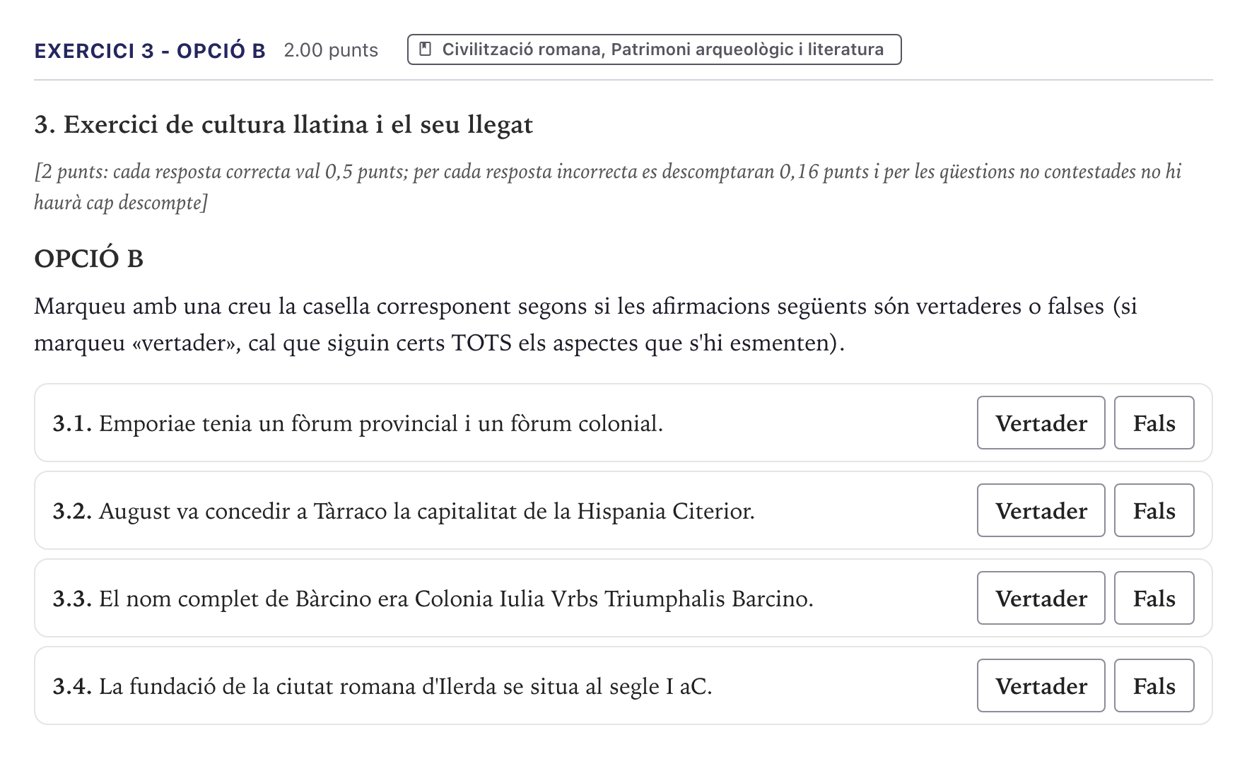 Enunciado: Exercici 3 - Opció B · Latín II Selectividad Cataluña Juny Serie 5 2026