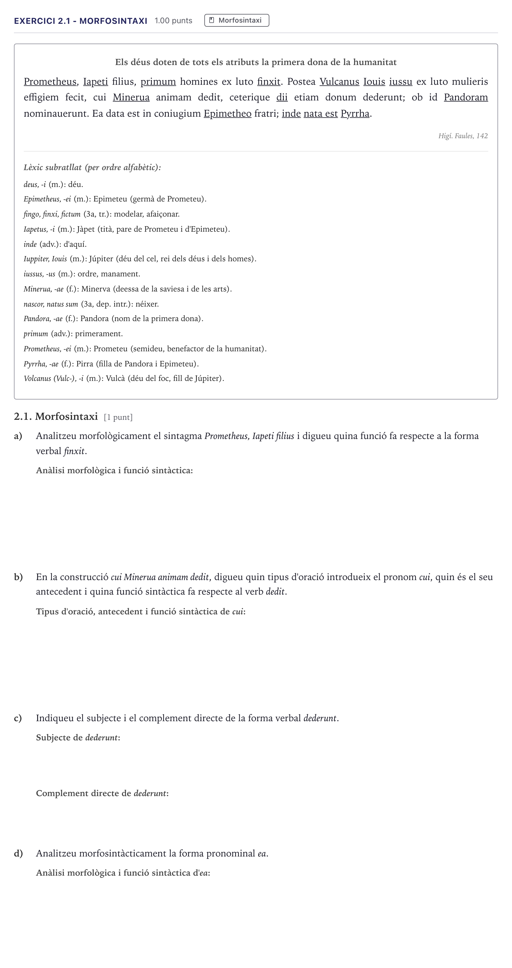 Enunciado: Ejercicio 2.1 - Morfosintaxi · Latín II Selectividad Cataluña Juny Serie 1 2026