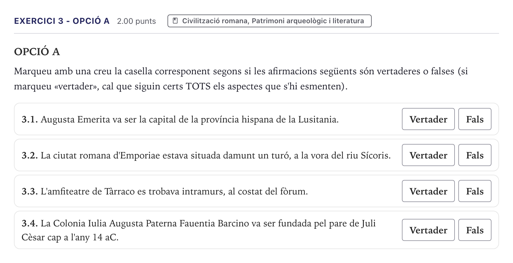 Enunciado: Ejercicio 3 - Opció A · Latín II Selectividad Cataluña Juny Serie 1 2026